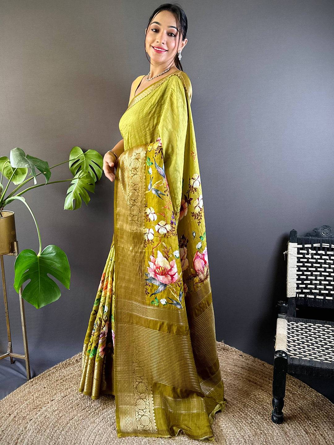 Light Green Floral Zari Chex Saree