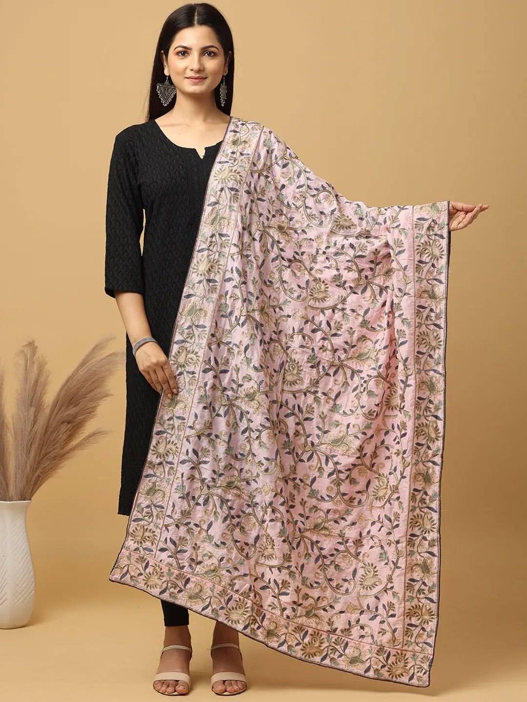 Light pink chiffon dupatta with intricate threadwork