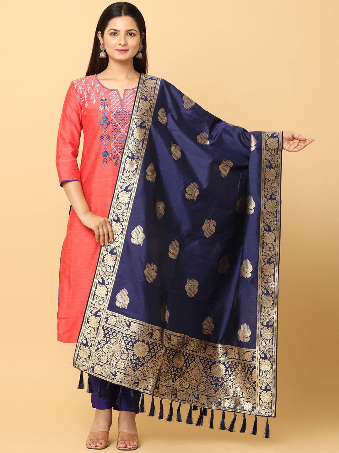 Silk blend dark blue dupatta with woven design and resham tassels