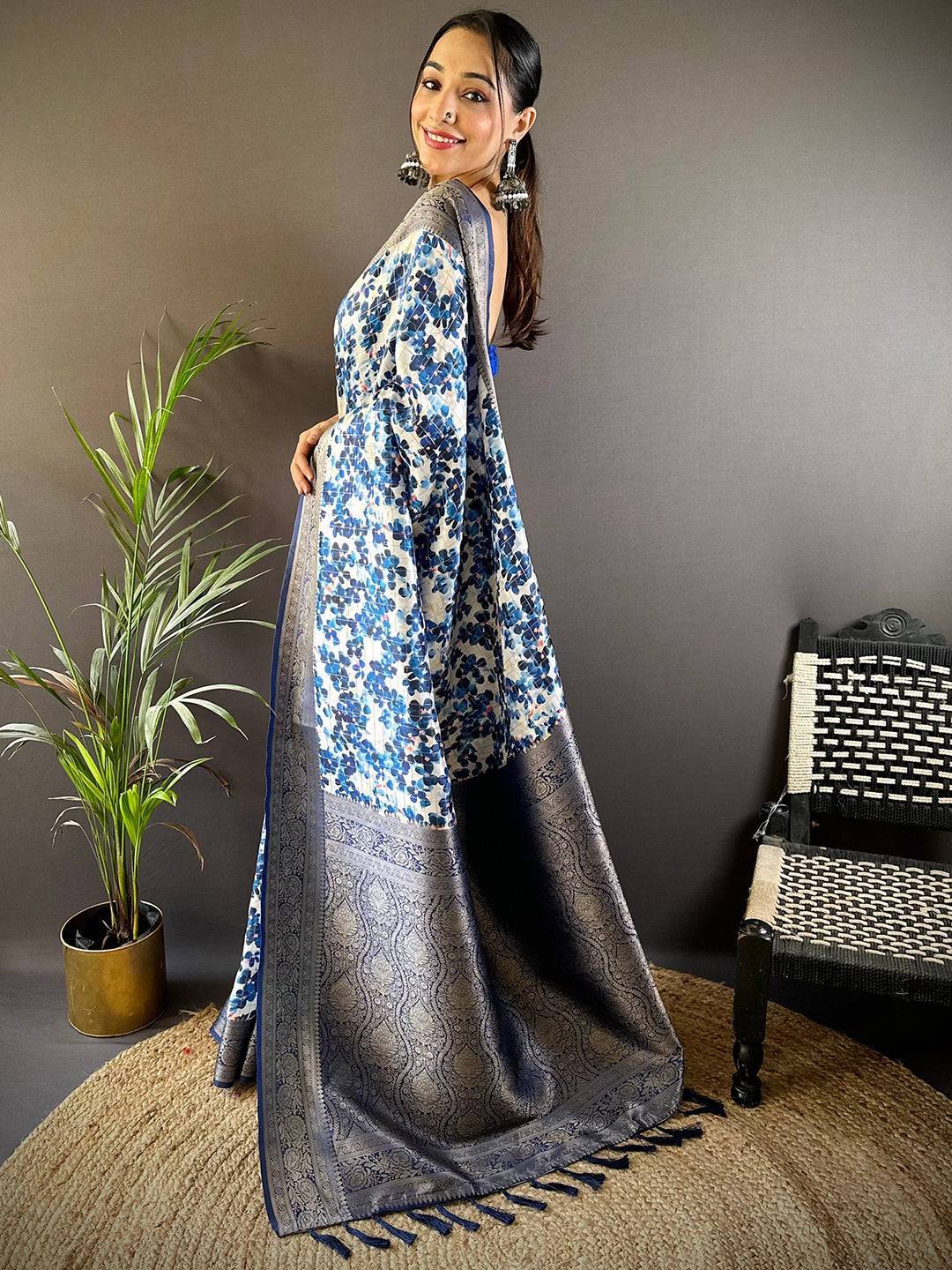 Midnight Bloom Blue Floral Saree