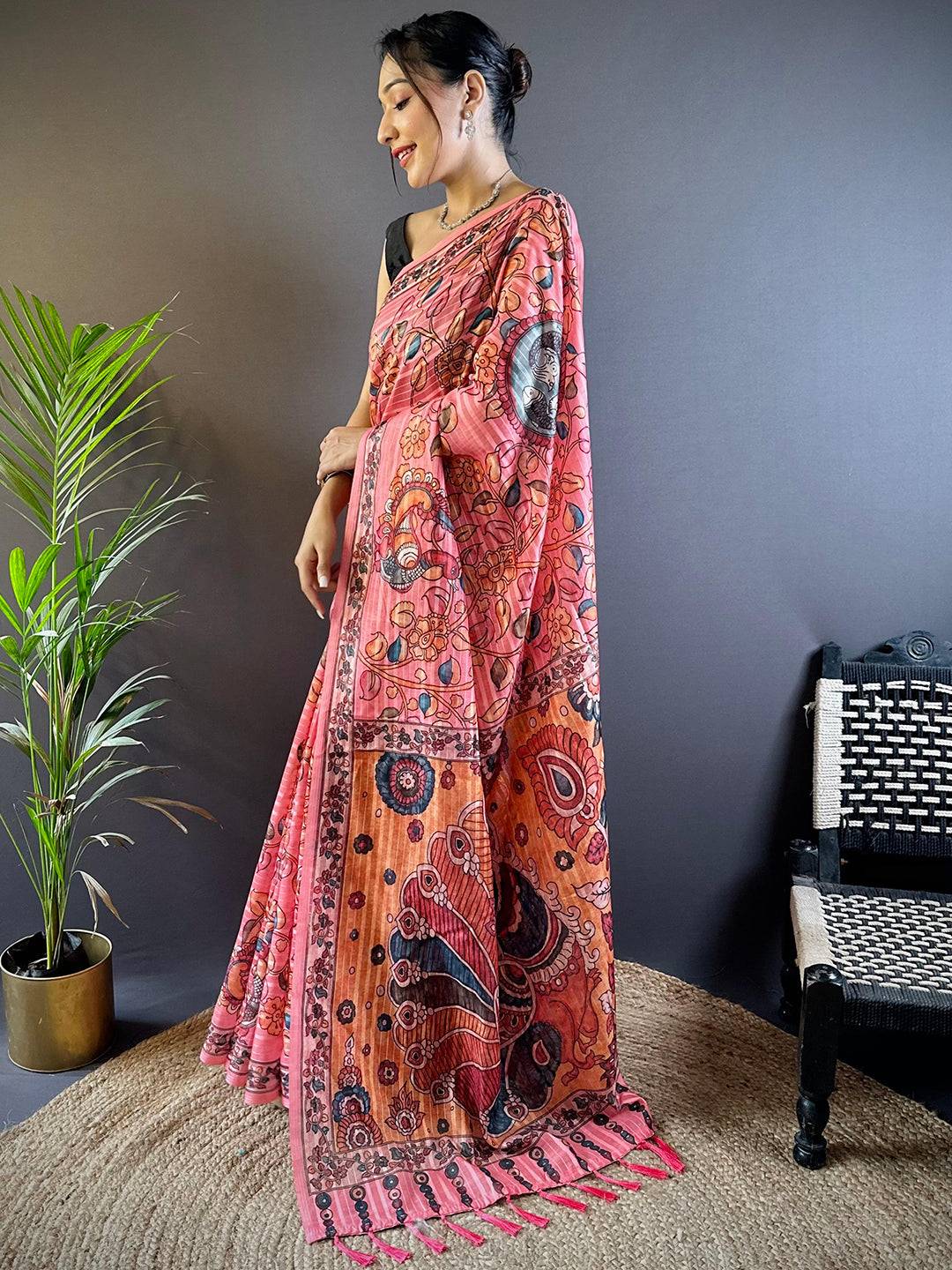 Coral Rose Kalamkari Saree