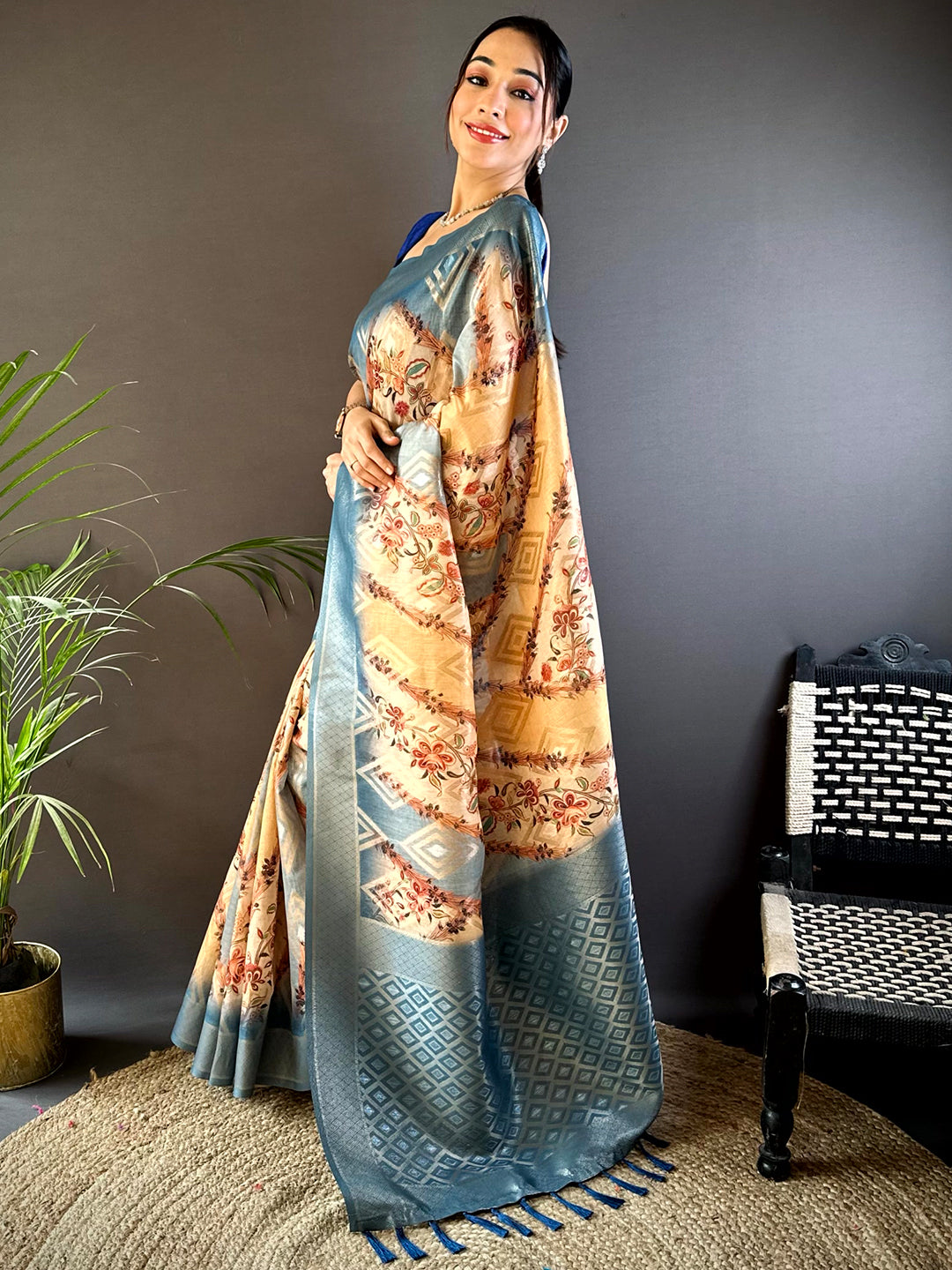 Blue Banarasi Ombre Floral Print Saree