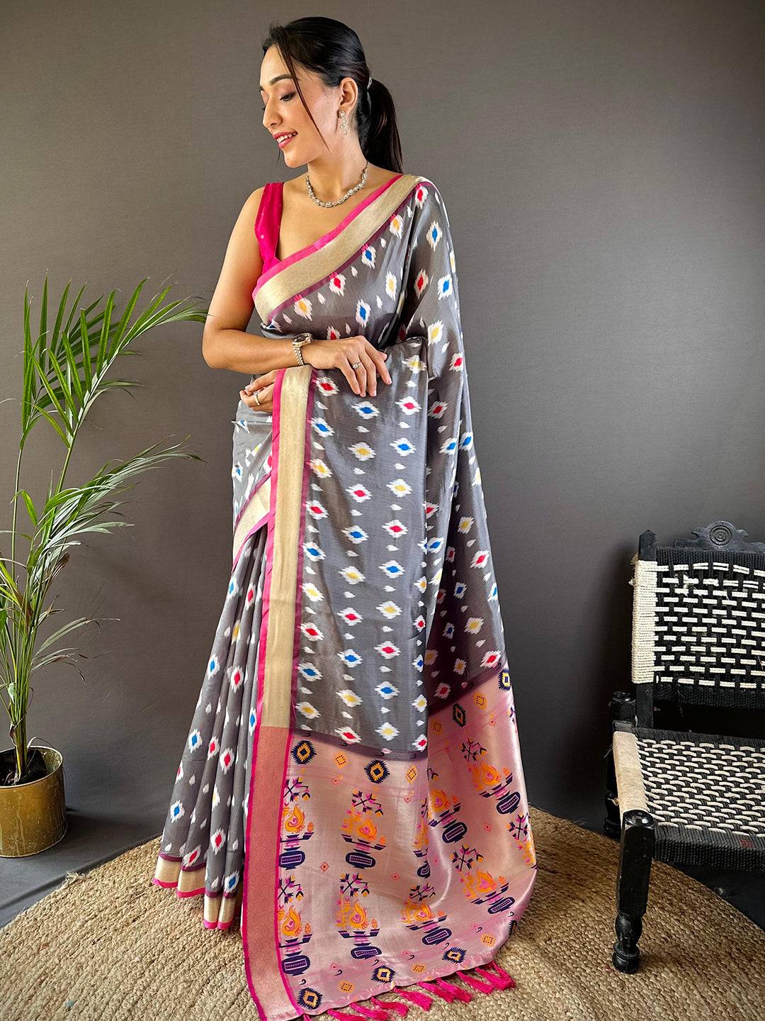 Grey Ikkat Paithani Soft Silk Saree