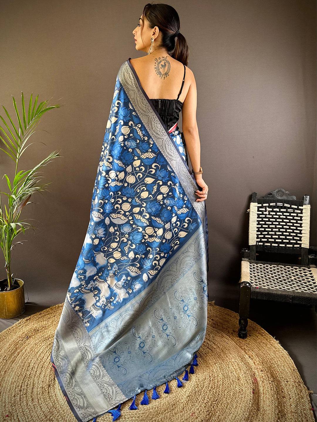 Blue Orchid Soft Silk Kalamkari Saree