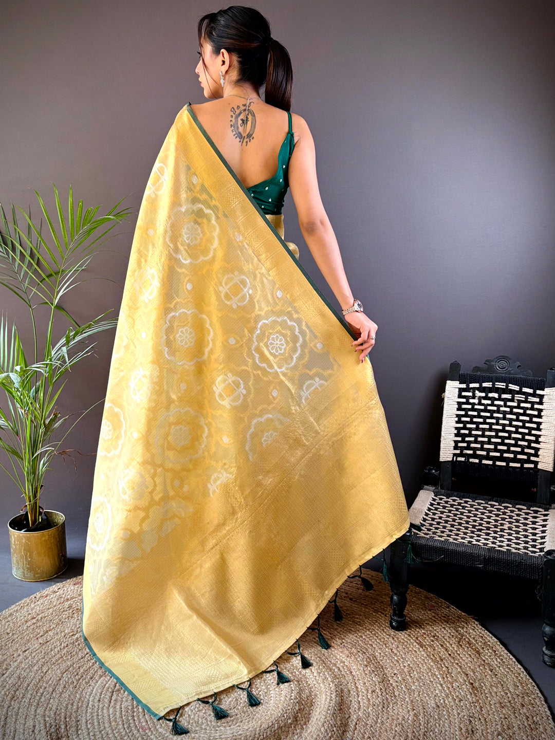 Minakari Floral Saree With Green Tassels