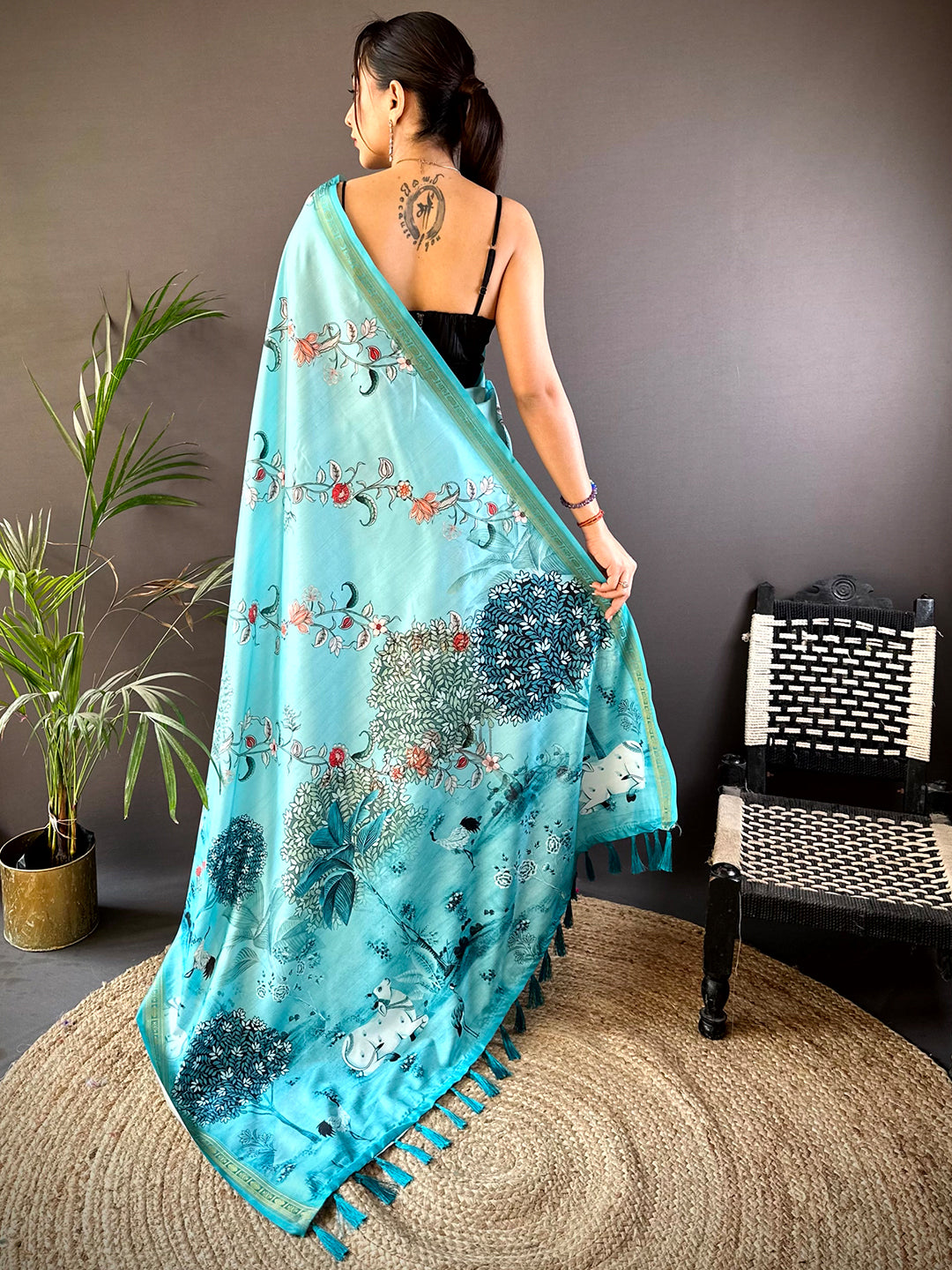 Turquoise Jungle Printed Silk Saree