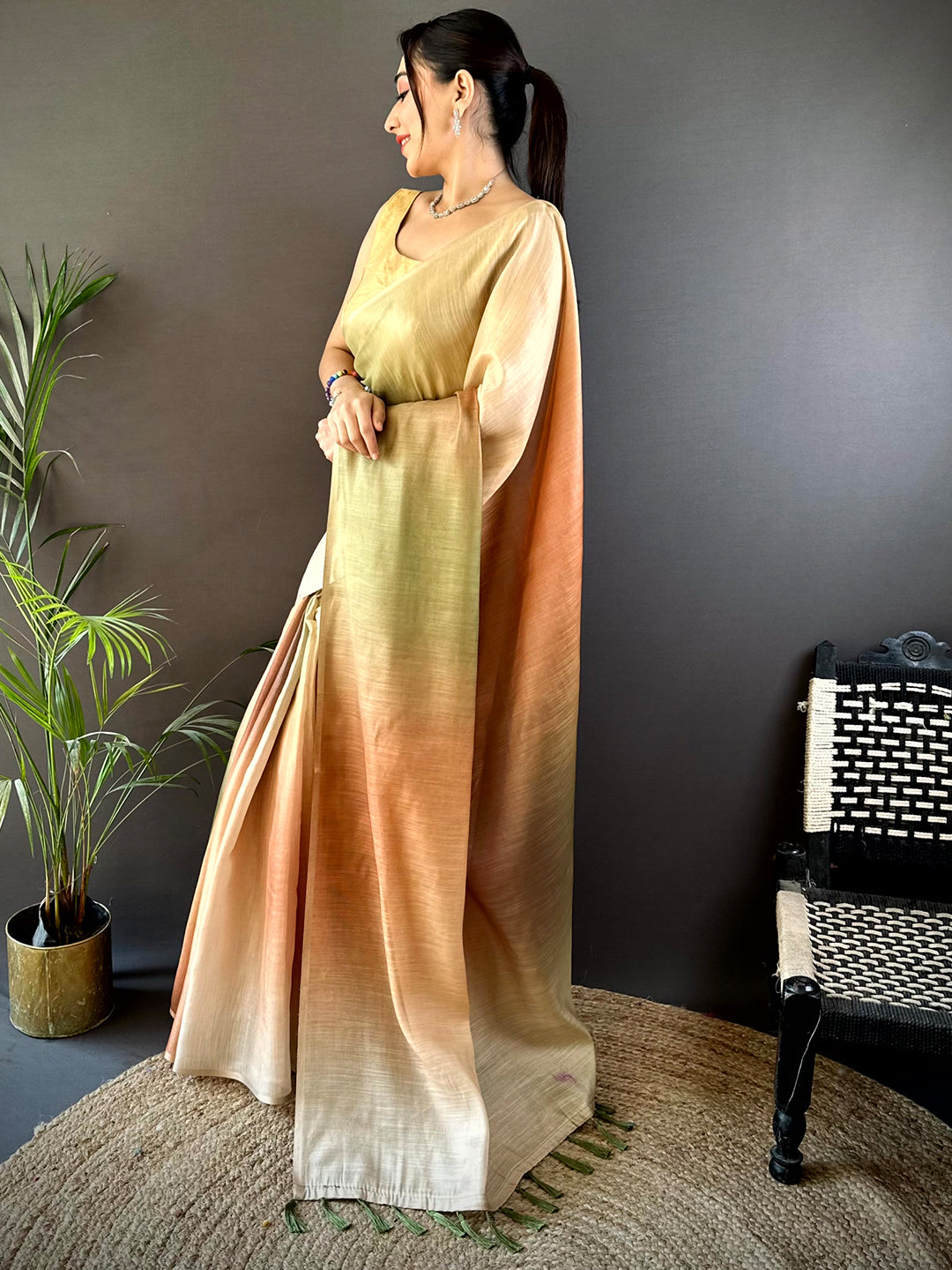 Beige Ombre Chanderi Tissue Saree