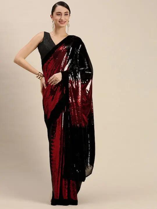 Red Colour Poly Georgette Sequinned Work Saree