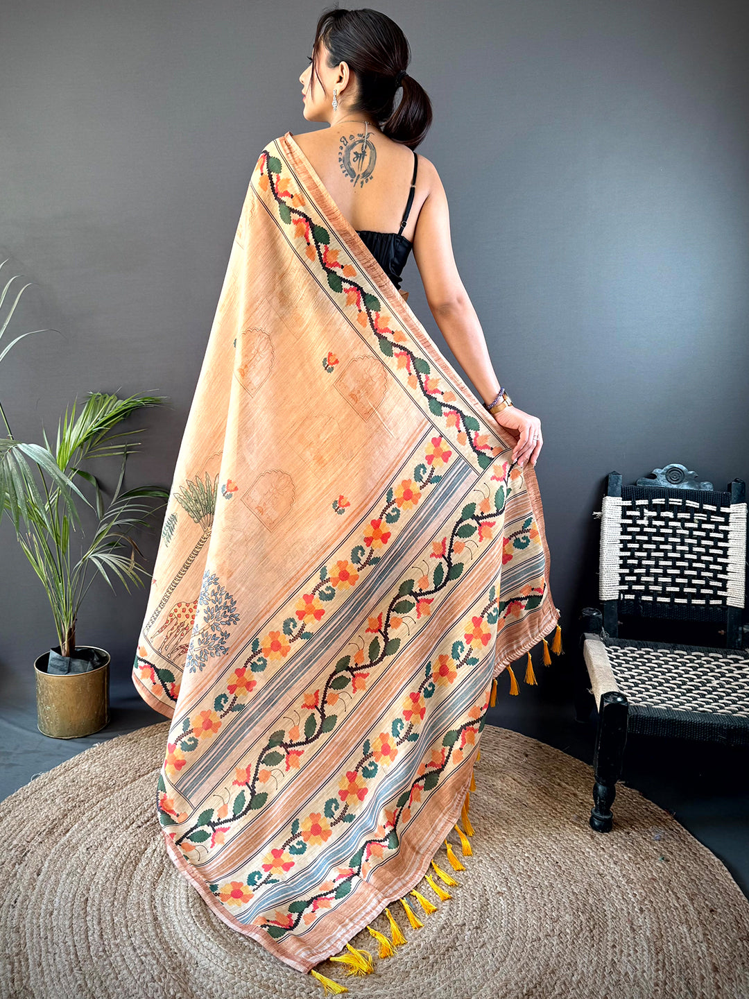 Beige Jungle Floral Zari Tissue Saree