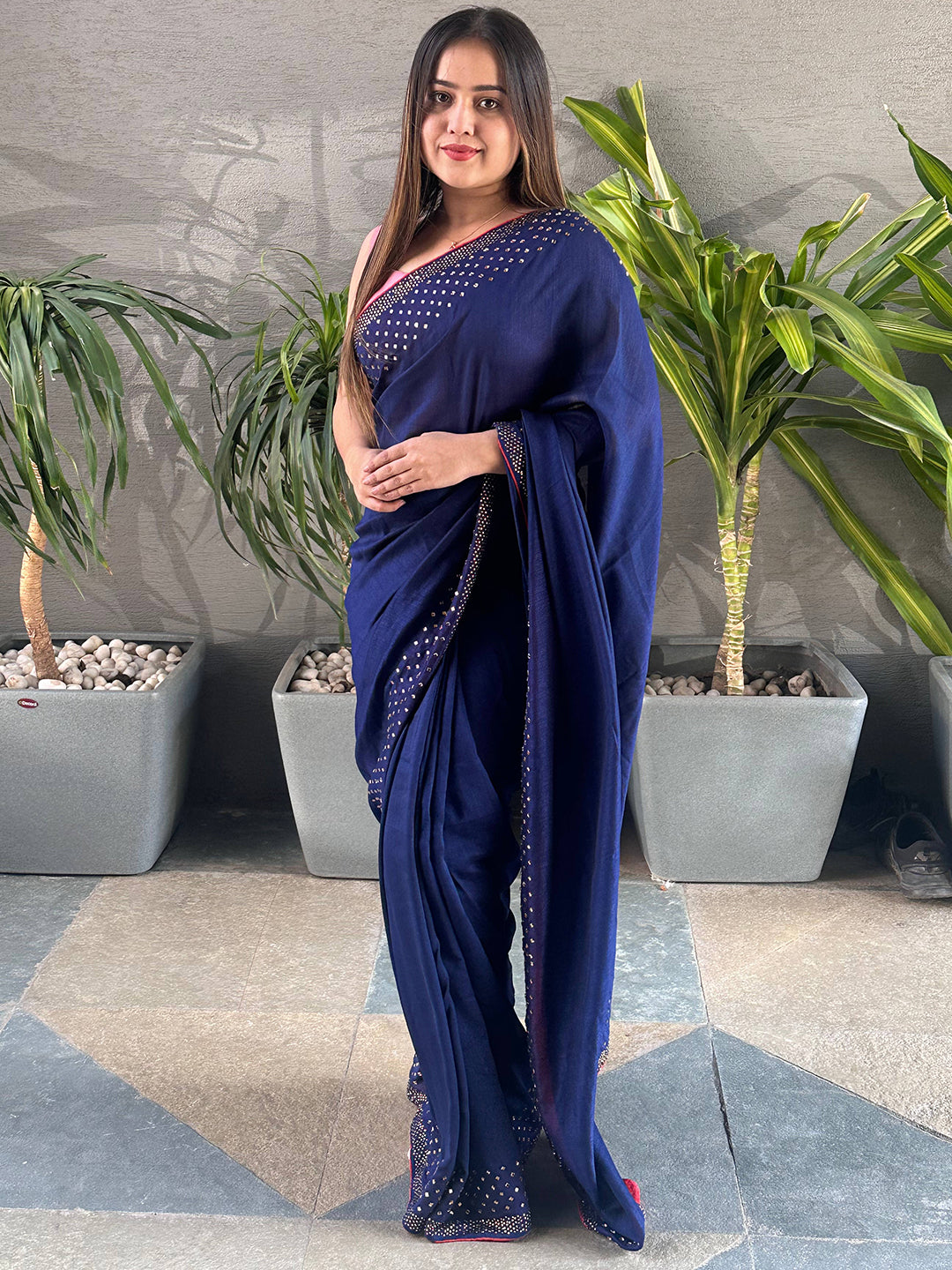 Navy Colour Vichitra Silk Saree with Swarovski Stones