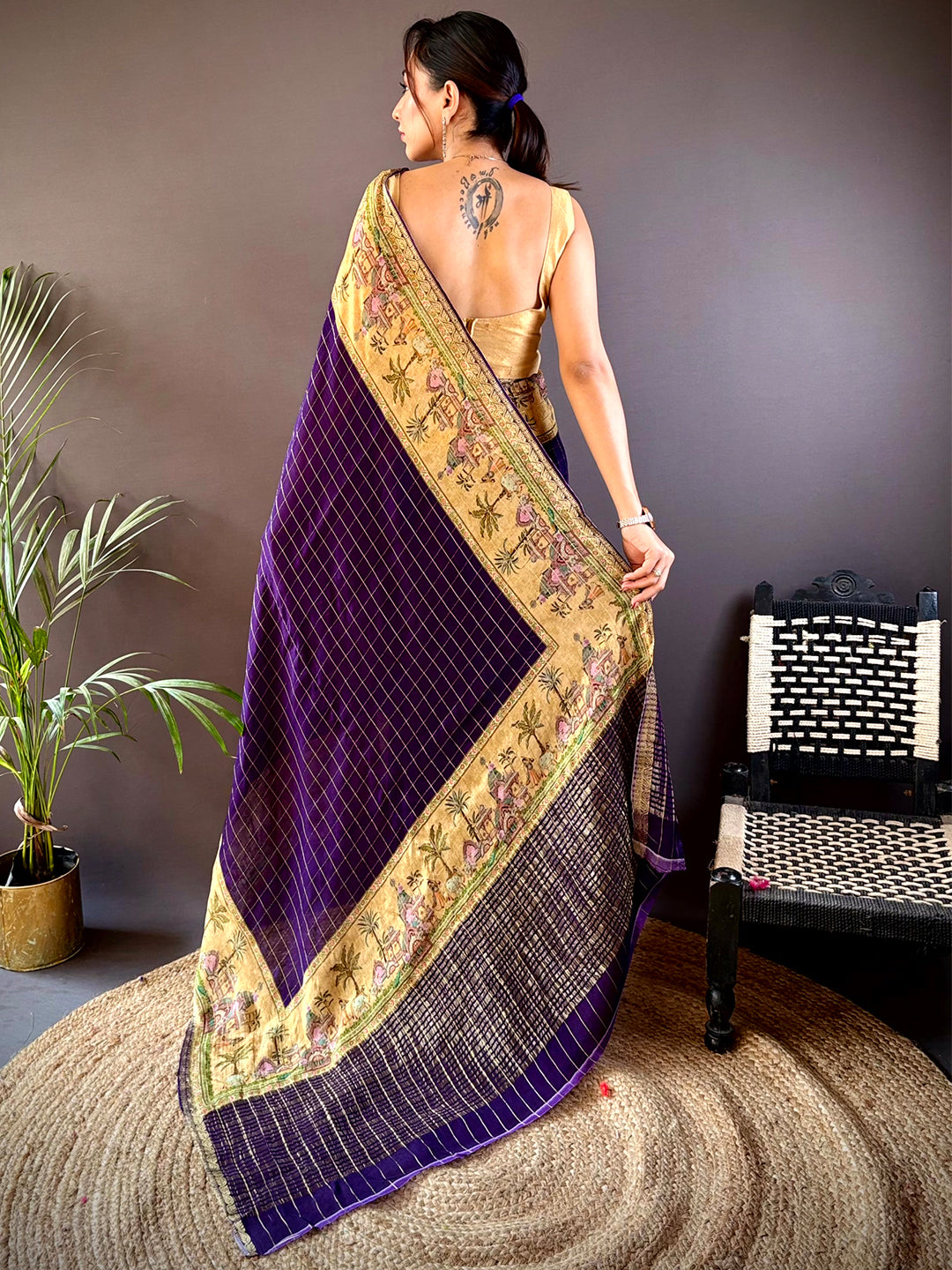 Purple Chinnon Chiffon Kalamkari Saree