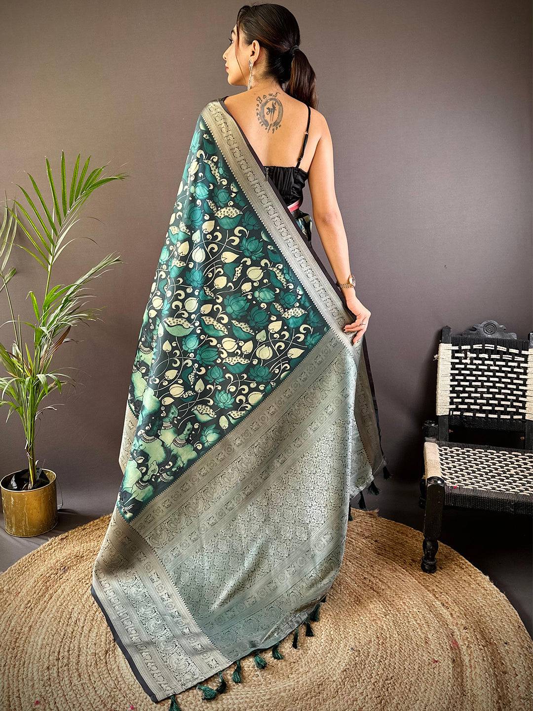 Ocean Teal Soft Silk Kalamkari Saree