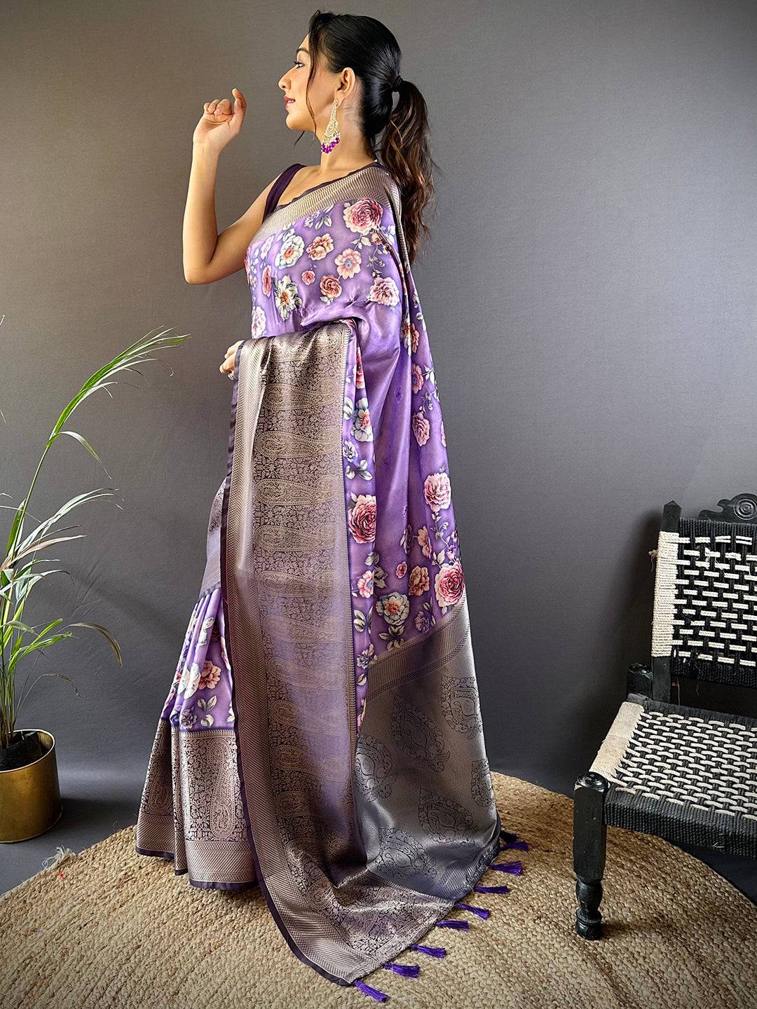 Iris Purple Satin Silk Floral Print Saree