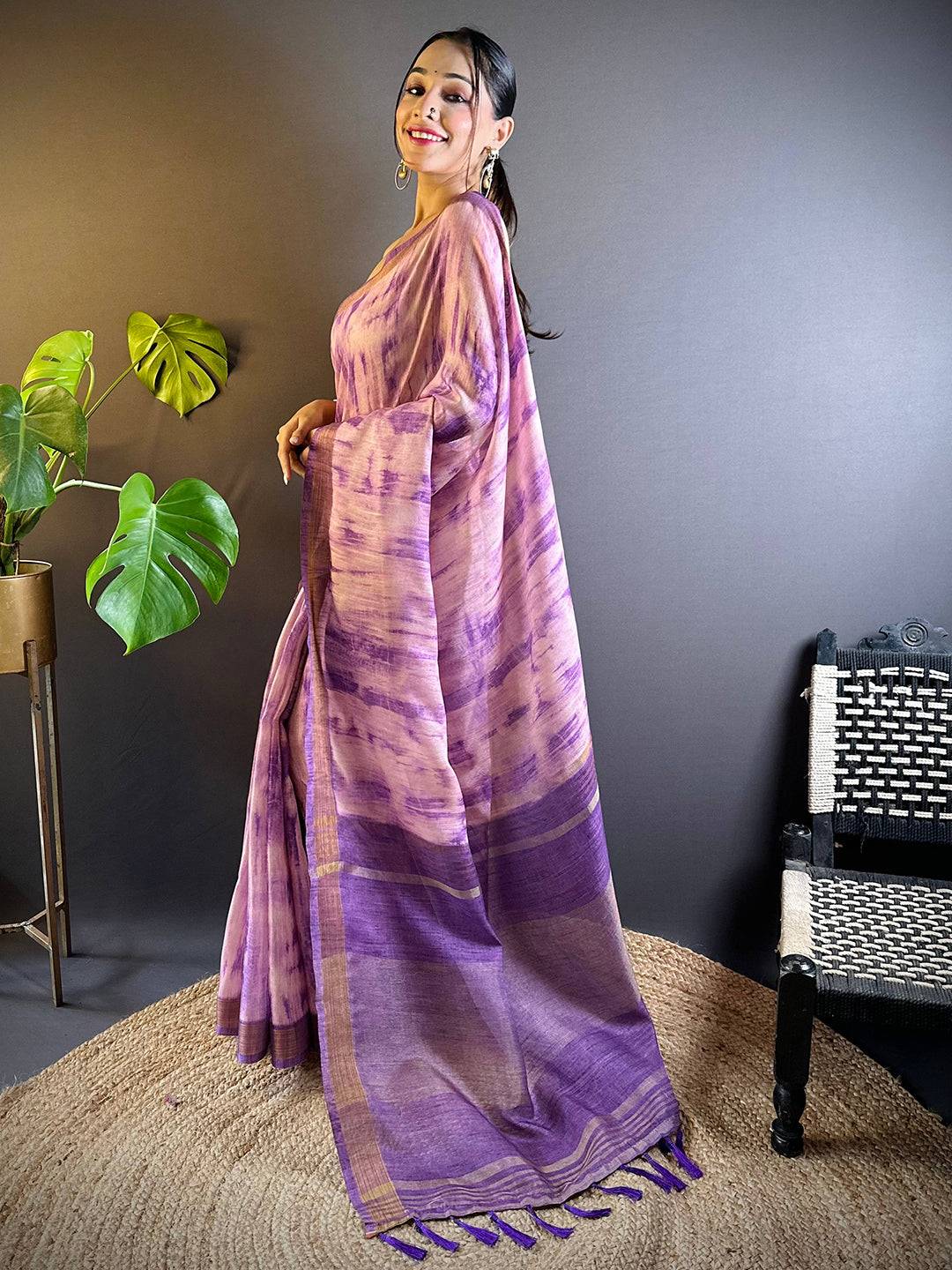 Iris Shibori Print Linen Saree