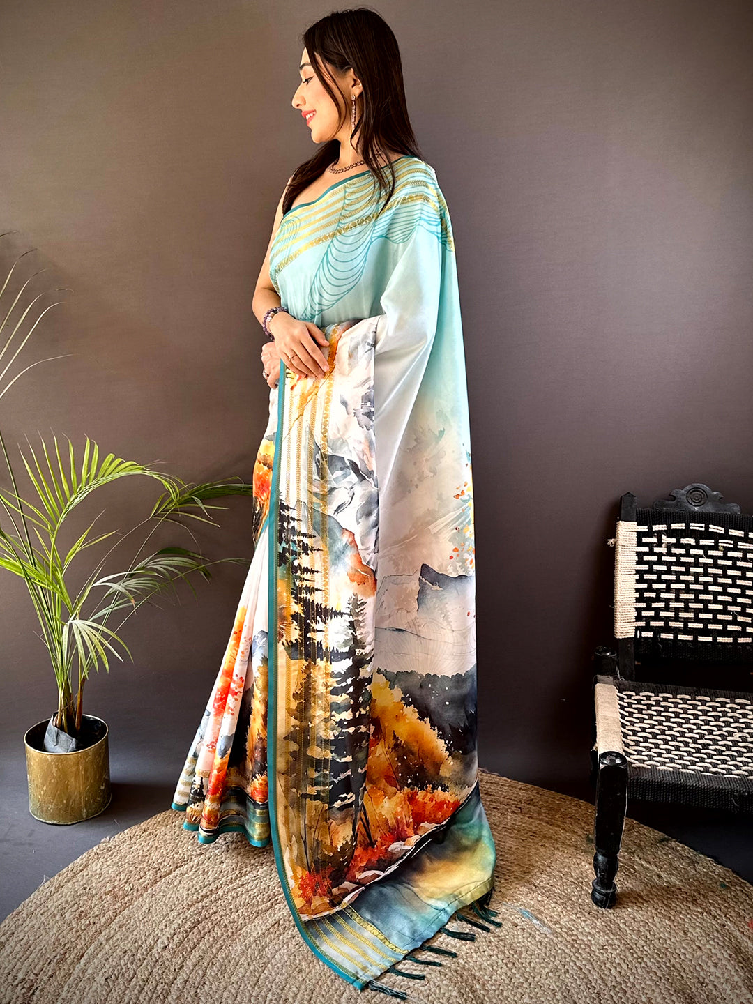 Turquiose Japanese Freehand Digital Print Saree