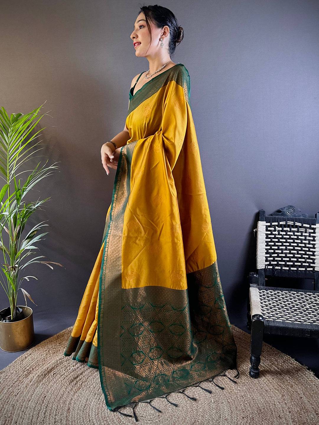 Elegant Yellow Silk Saree With Gold Zari Motifs