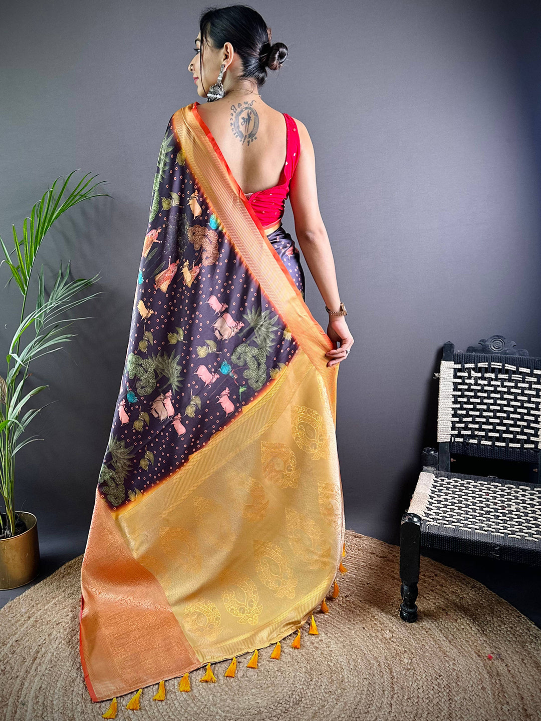 Wine Satin Pichwai Print Saree