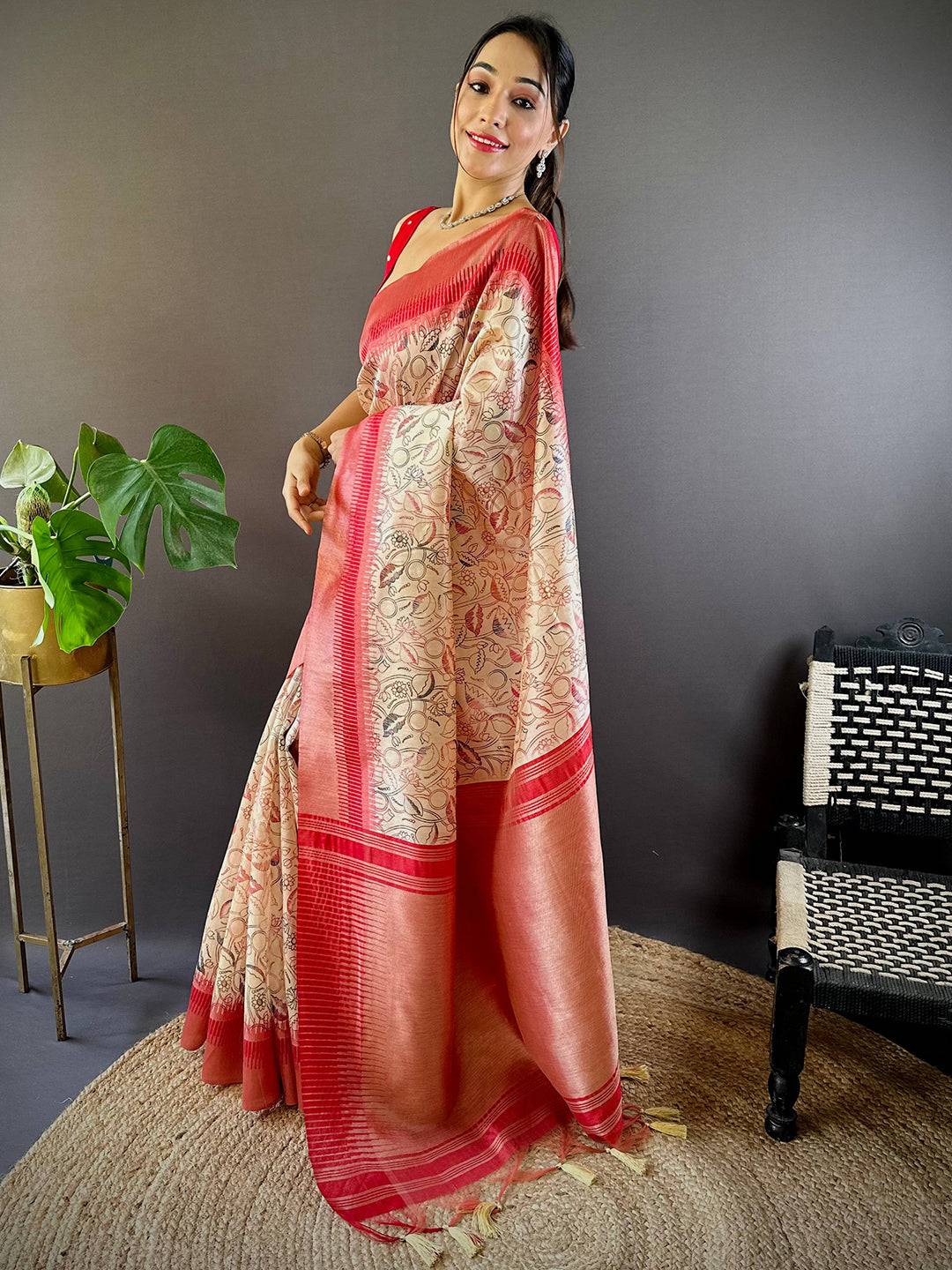 Off White Floral Tussar Silk Saree