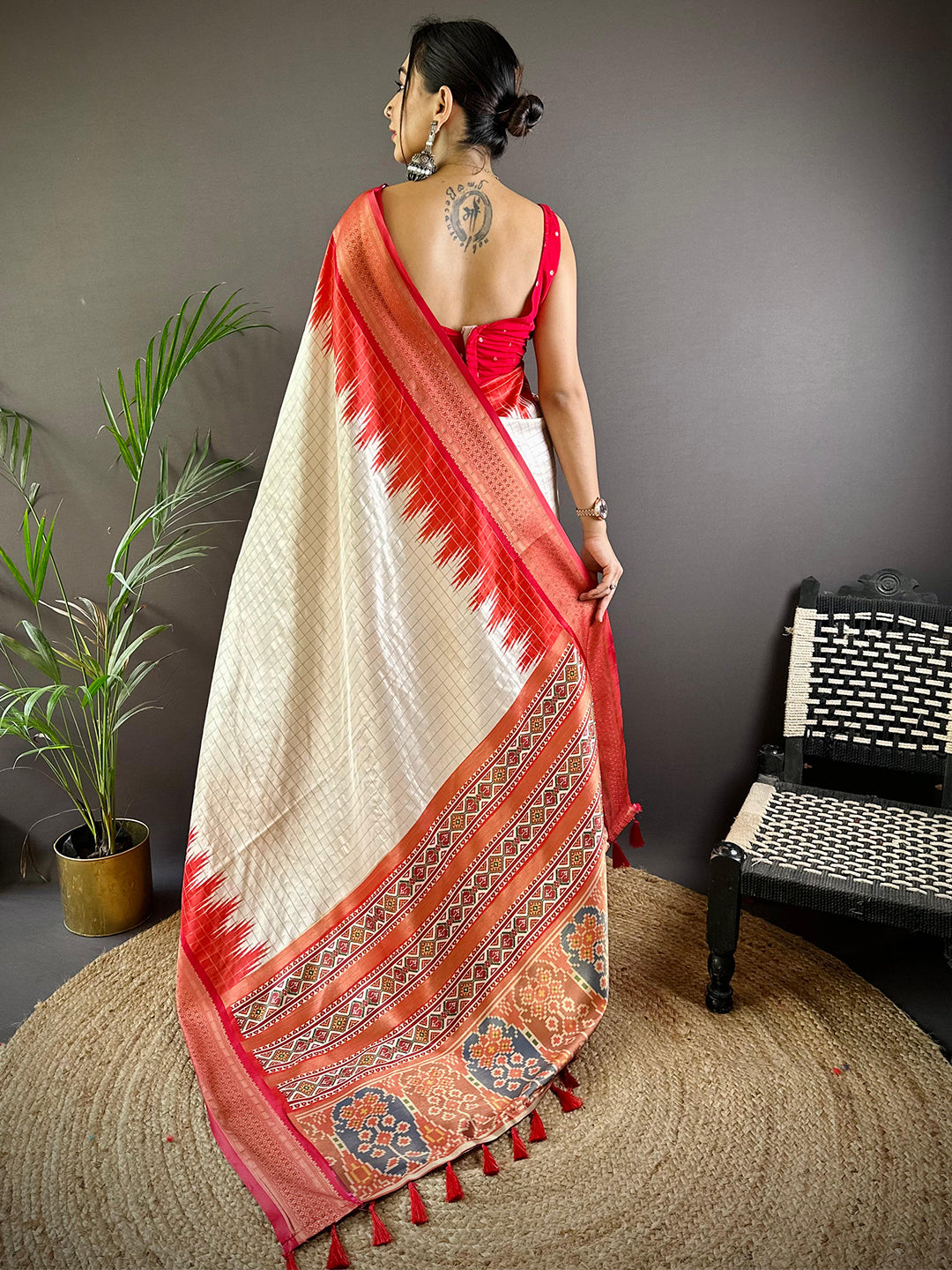 Back view of Designer Soft Silk Zari Chex Saree with intricate design