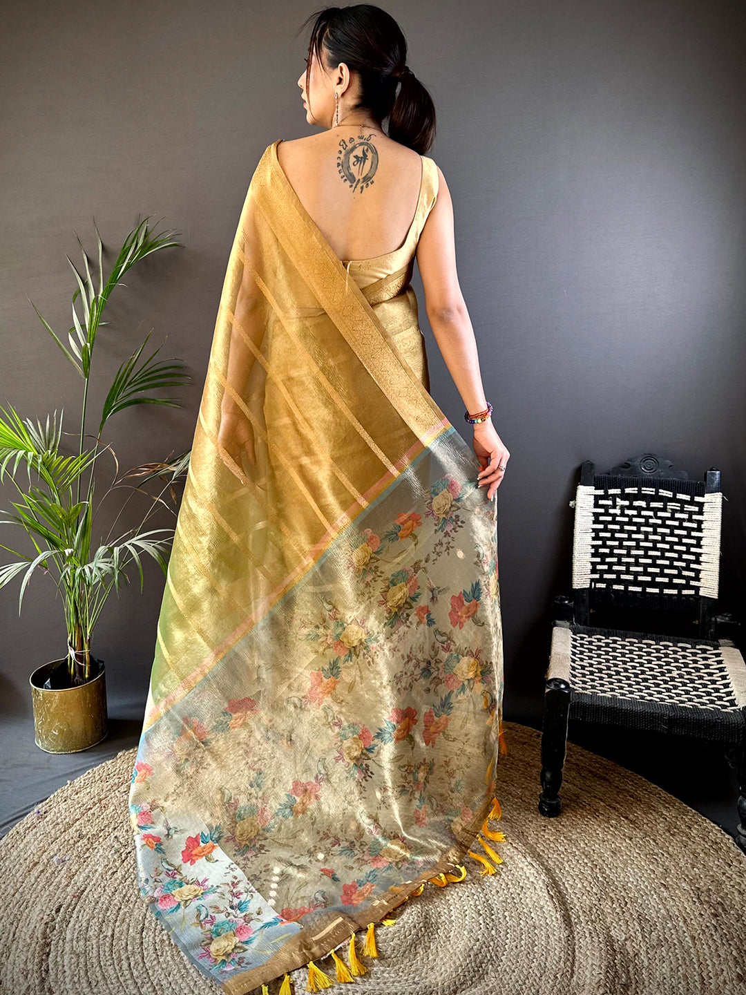 Mustard Ombre Zari Tissue Digital Print Saree