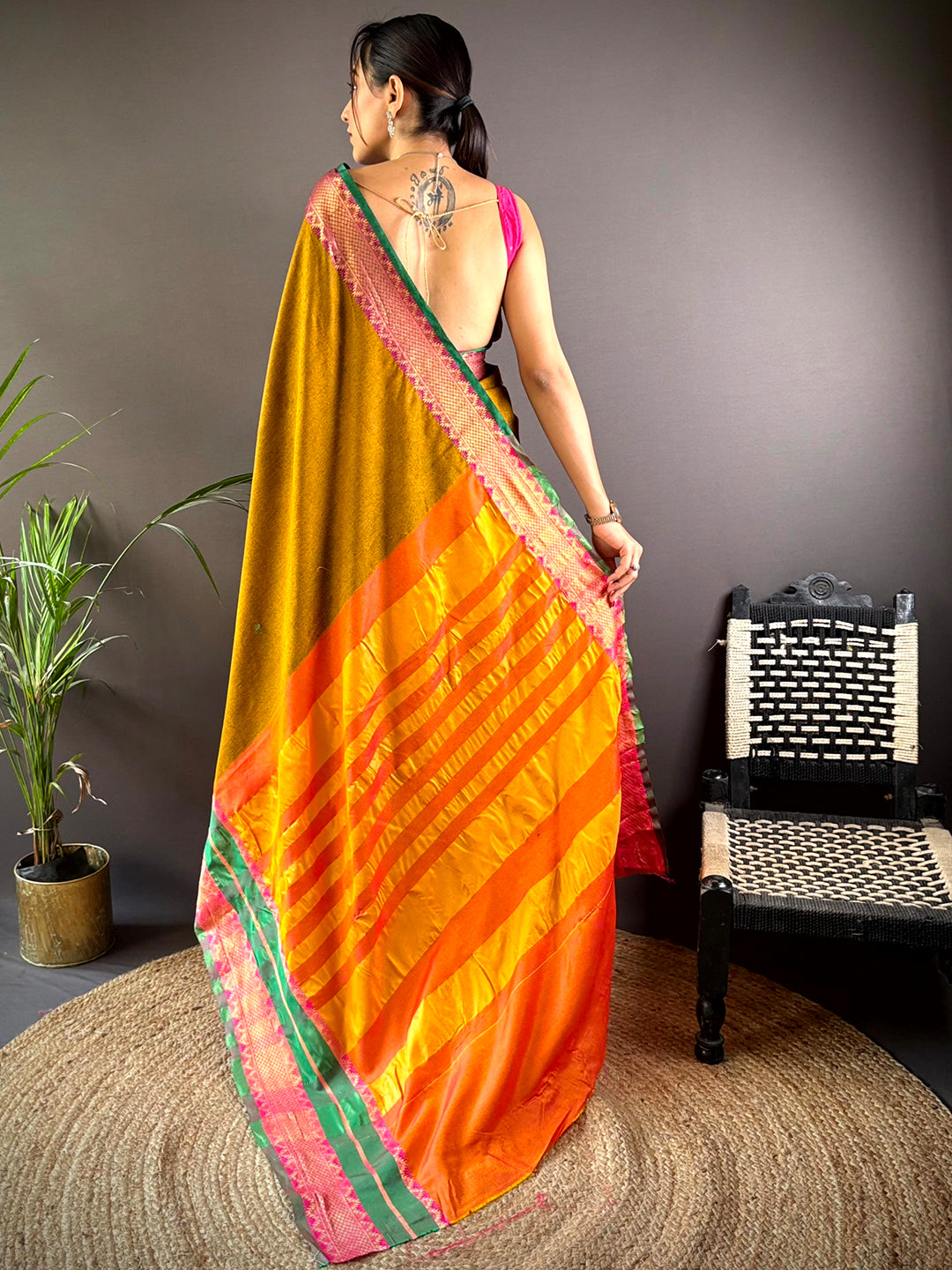 Gold Zari Green Accent Saree