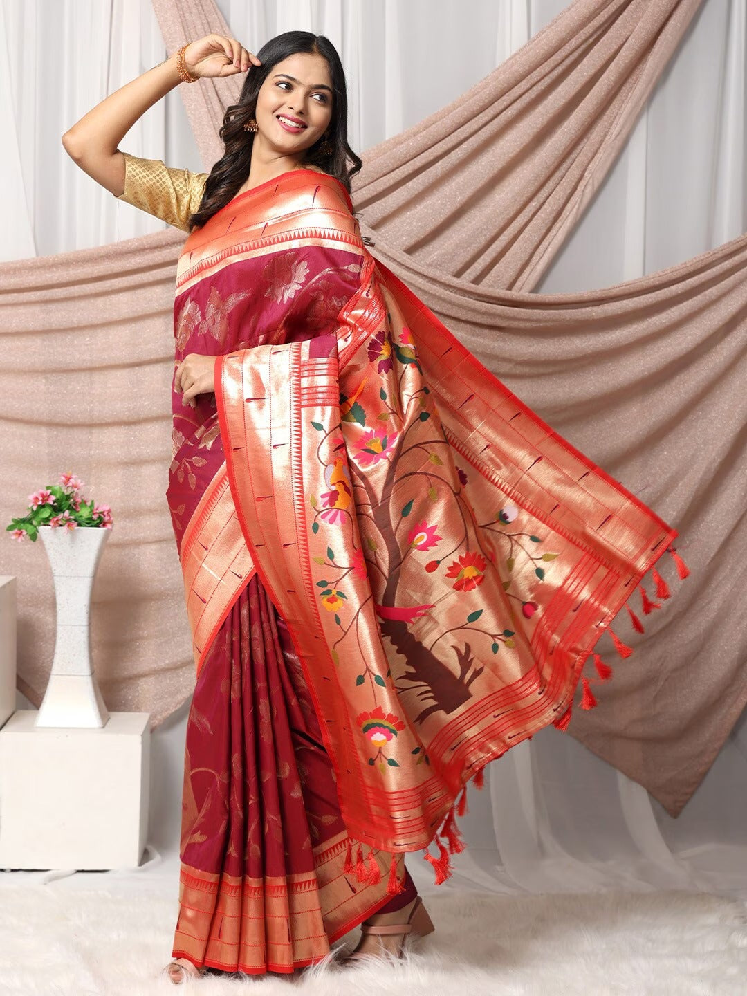 Dark Tan Maroon Woven Banarasi Satin Silk Saree – MySilkLove