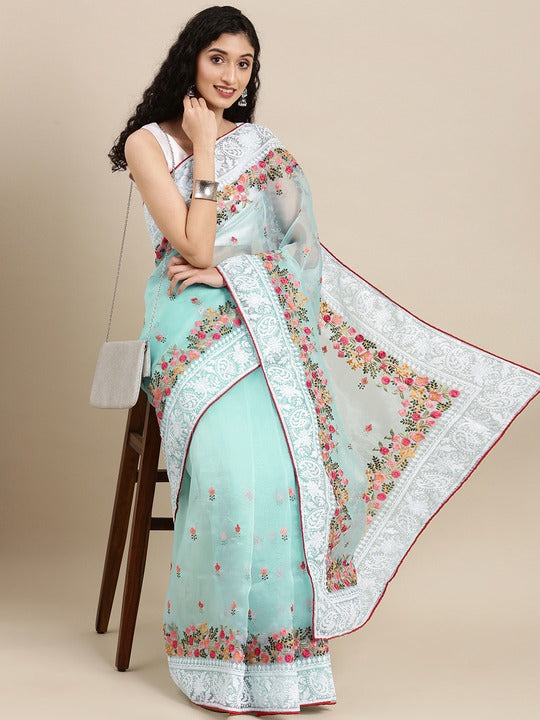 Sky Blue Colour Embroidered Organza Saree