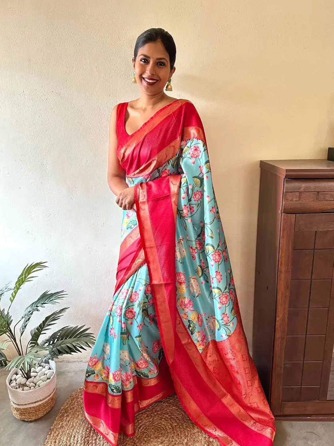 Floral Gadwal Silk Saree with Bold Red Pallu