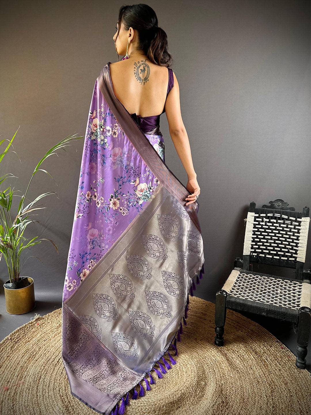 Lilac Purple Satin Silk Floral Print Saree