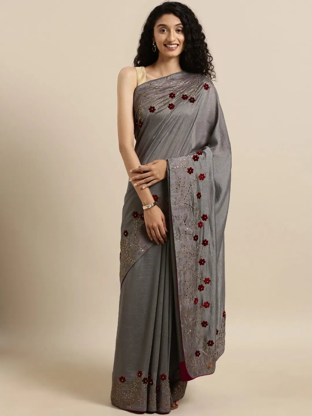 Poly Silk Grey Solid Saree With Embellished Border 