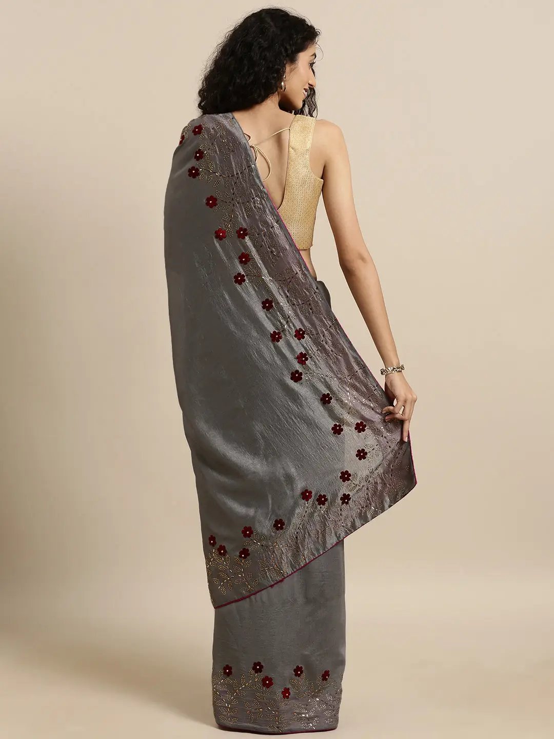 Poly Silk Grey Solid Saree With Embellished Border 