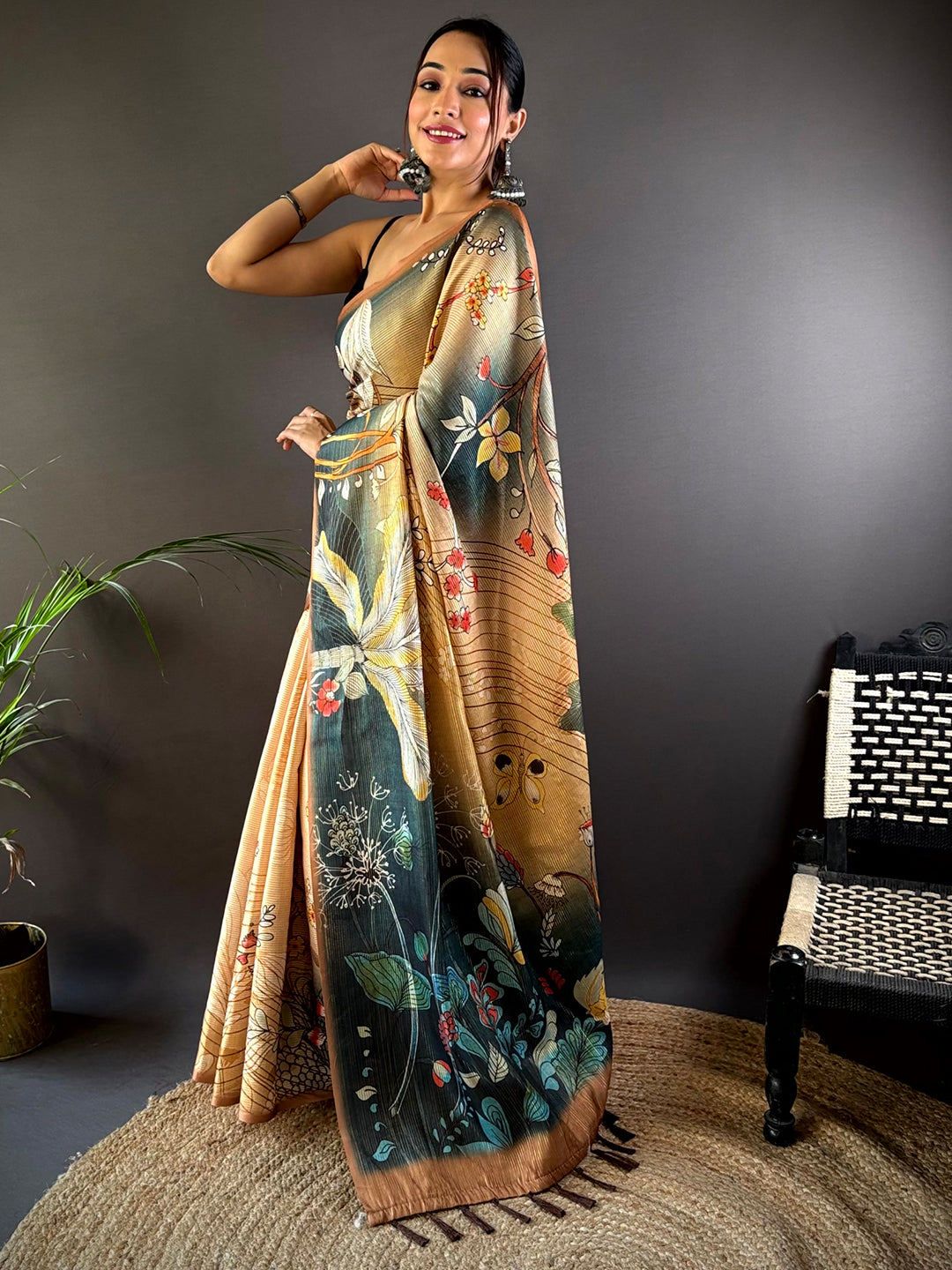 Peach Semi Gold Zari Botanical Tussar Saree