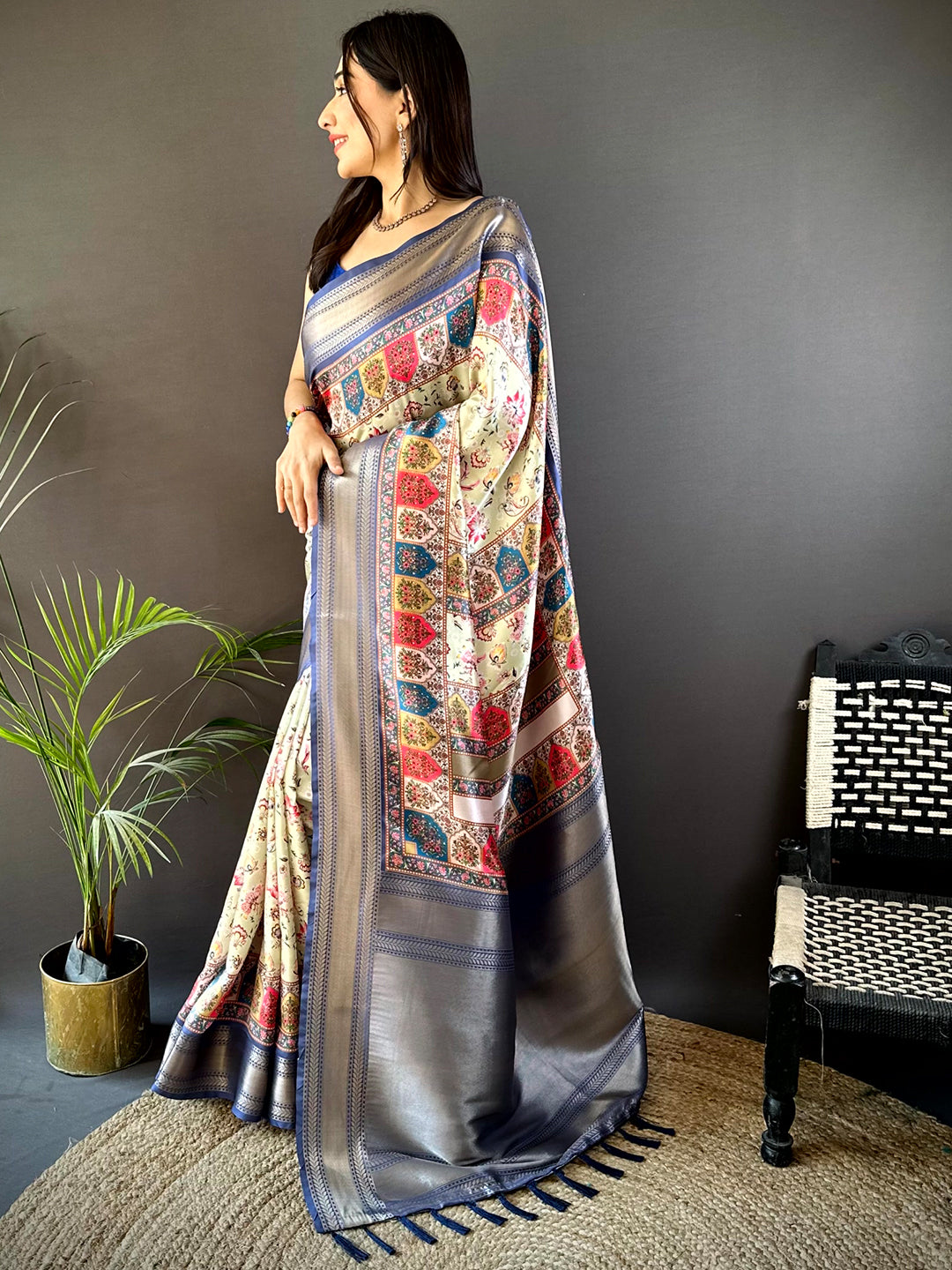 Royal Blue Mughal Kalamkari Print Pashmina Saree