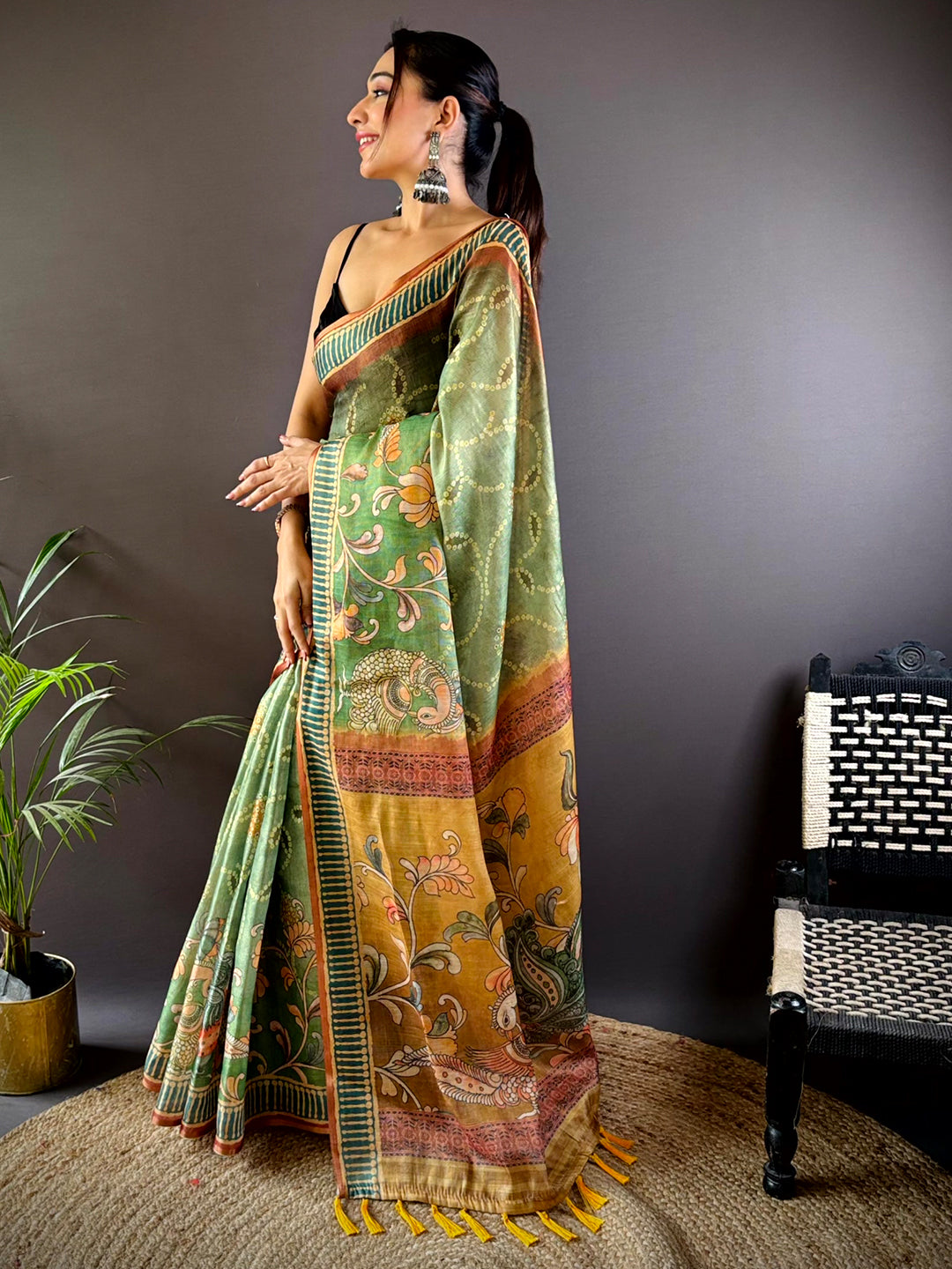 Fern Green Floral Chanderi Saree