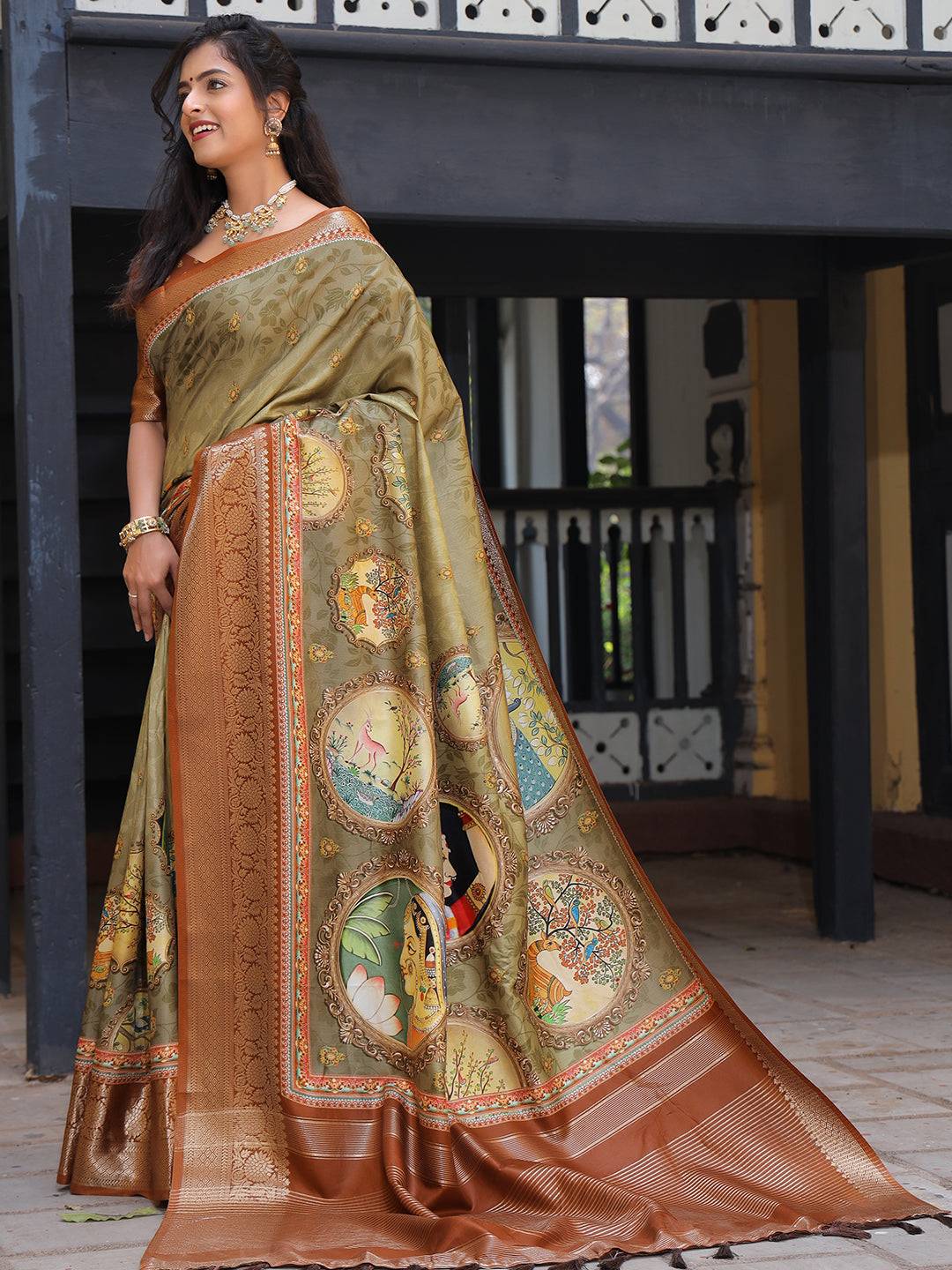  Olive Viscose Dola Silk Saree With Zari Weaving Pallu