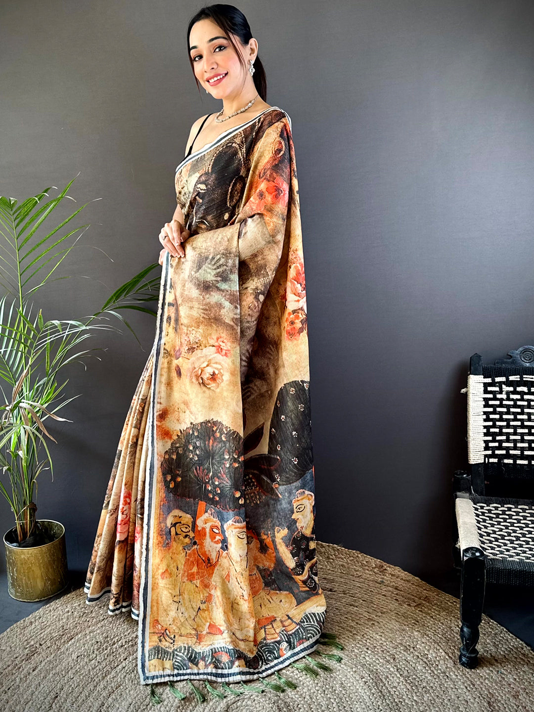 Orange Gold Zari Tussar Batik Print Saree