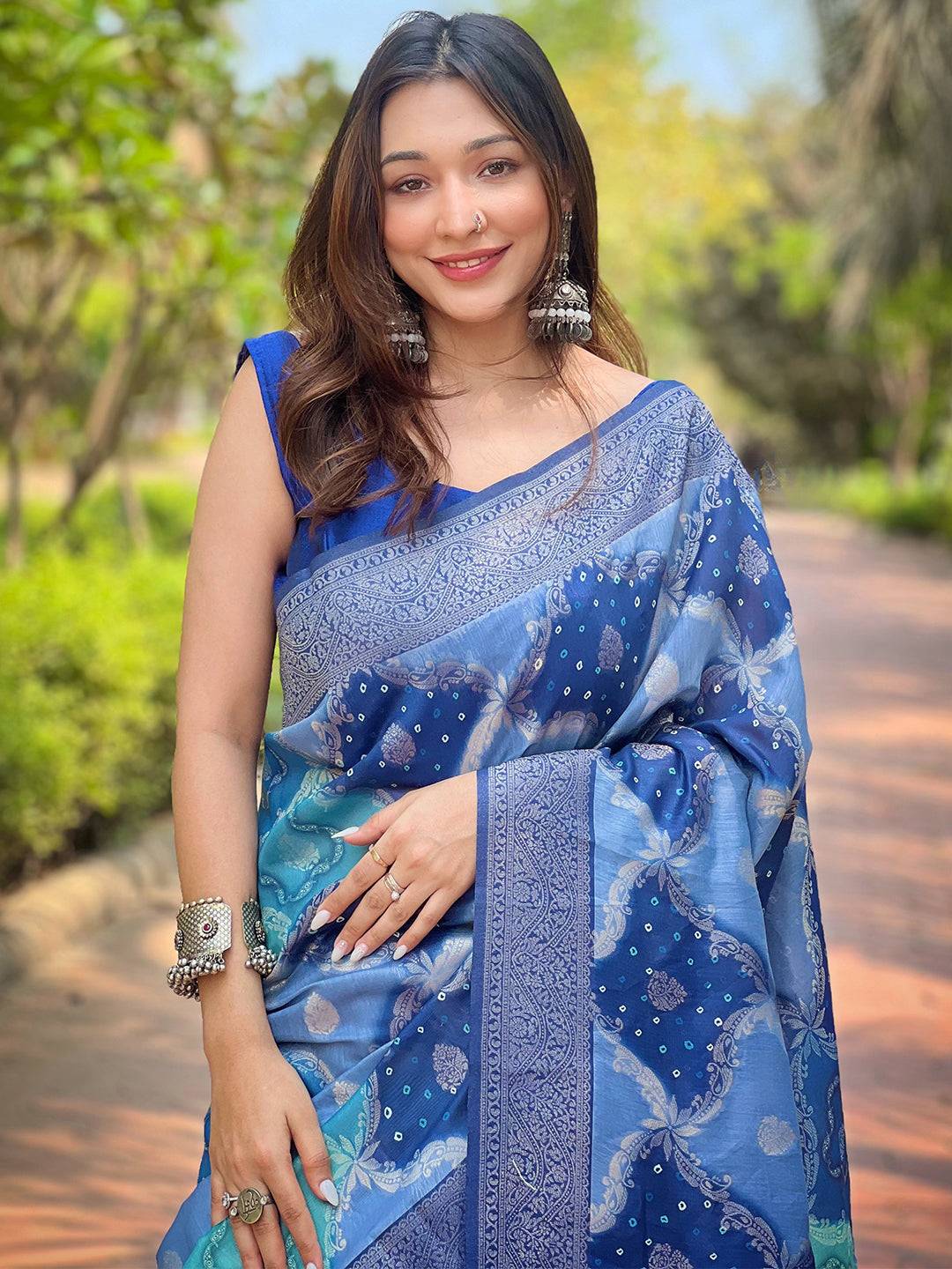 Blue Digital Block Placement Print Saree