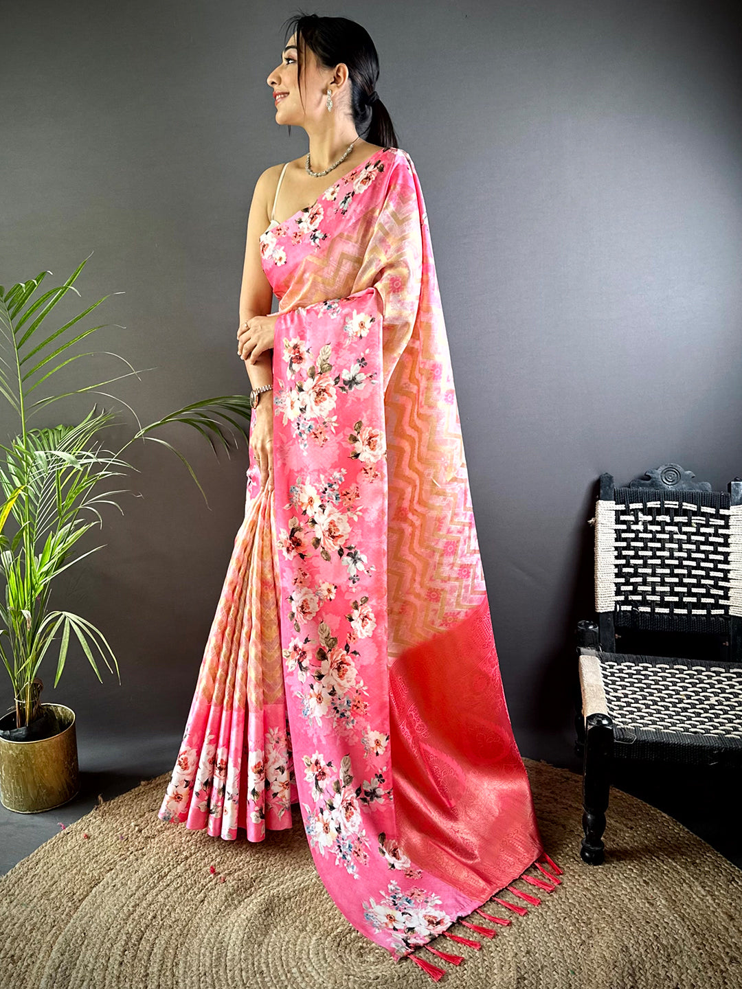 Baby Pink Zari Zigzag Kota Doriya Saree