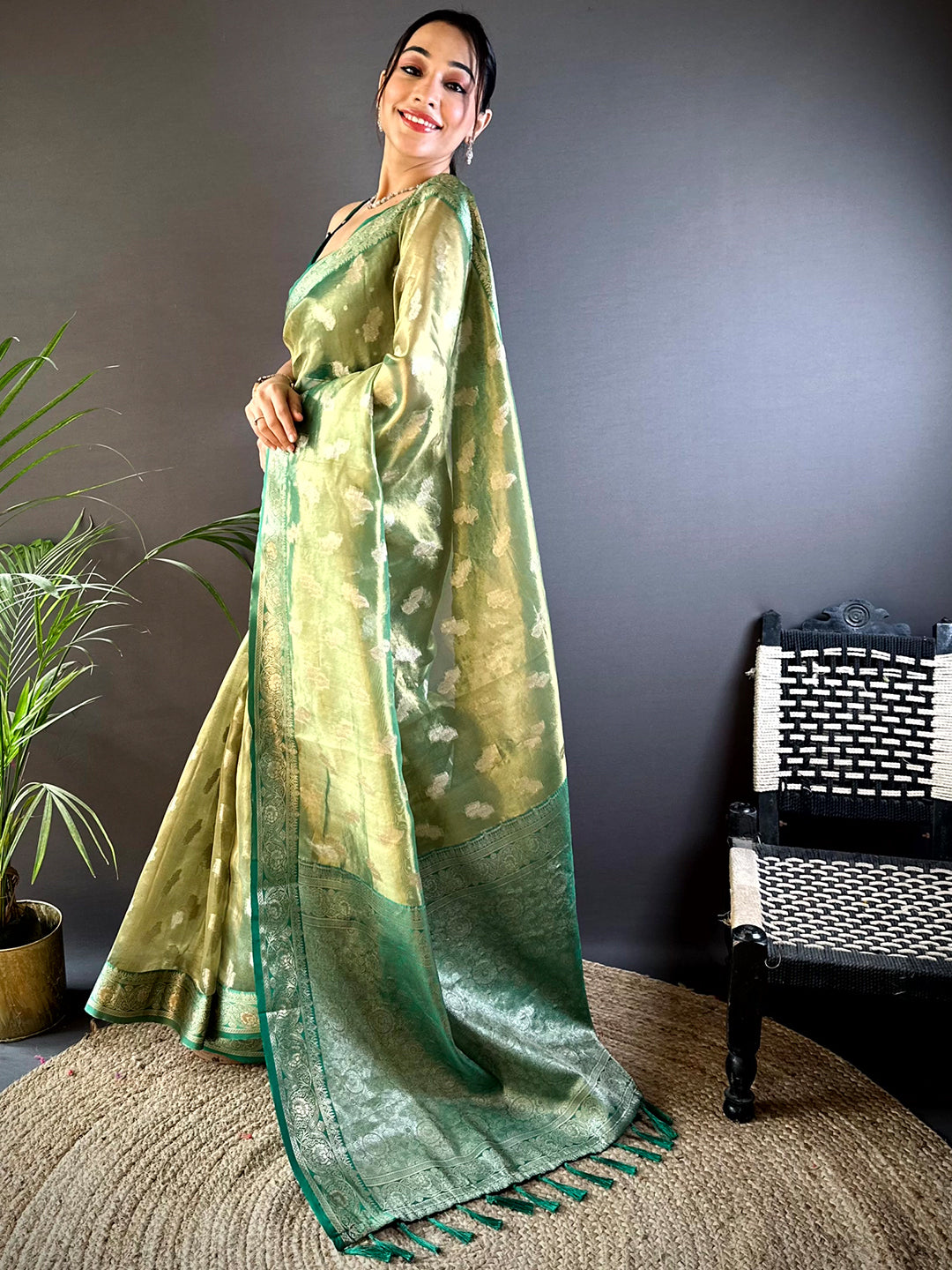 Serene Forest Green Kora Tissue Saree