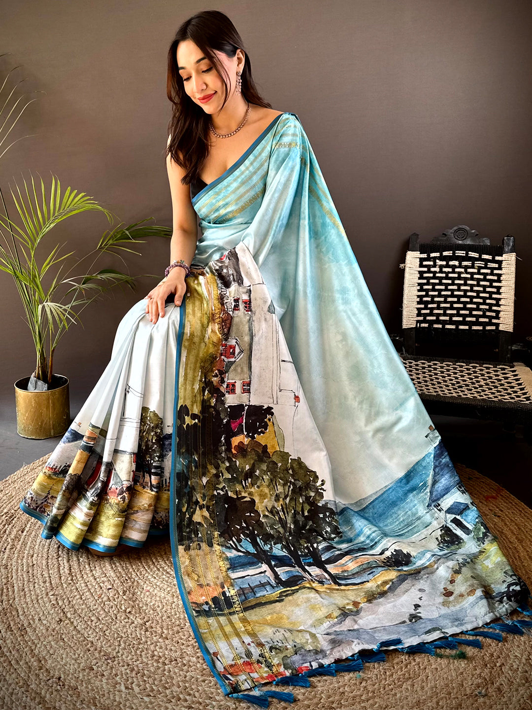 Sky Blue Japanese Freehand Digital Print Saree