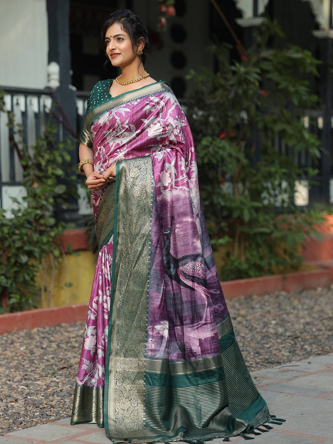 Viscose Dola Silk Purple Saree with Floral and Mughal Print