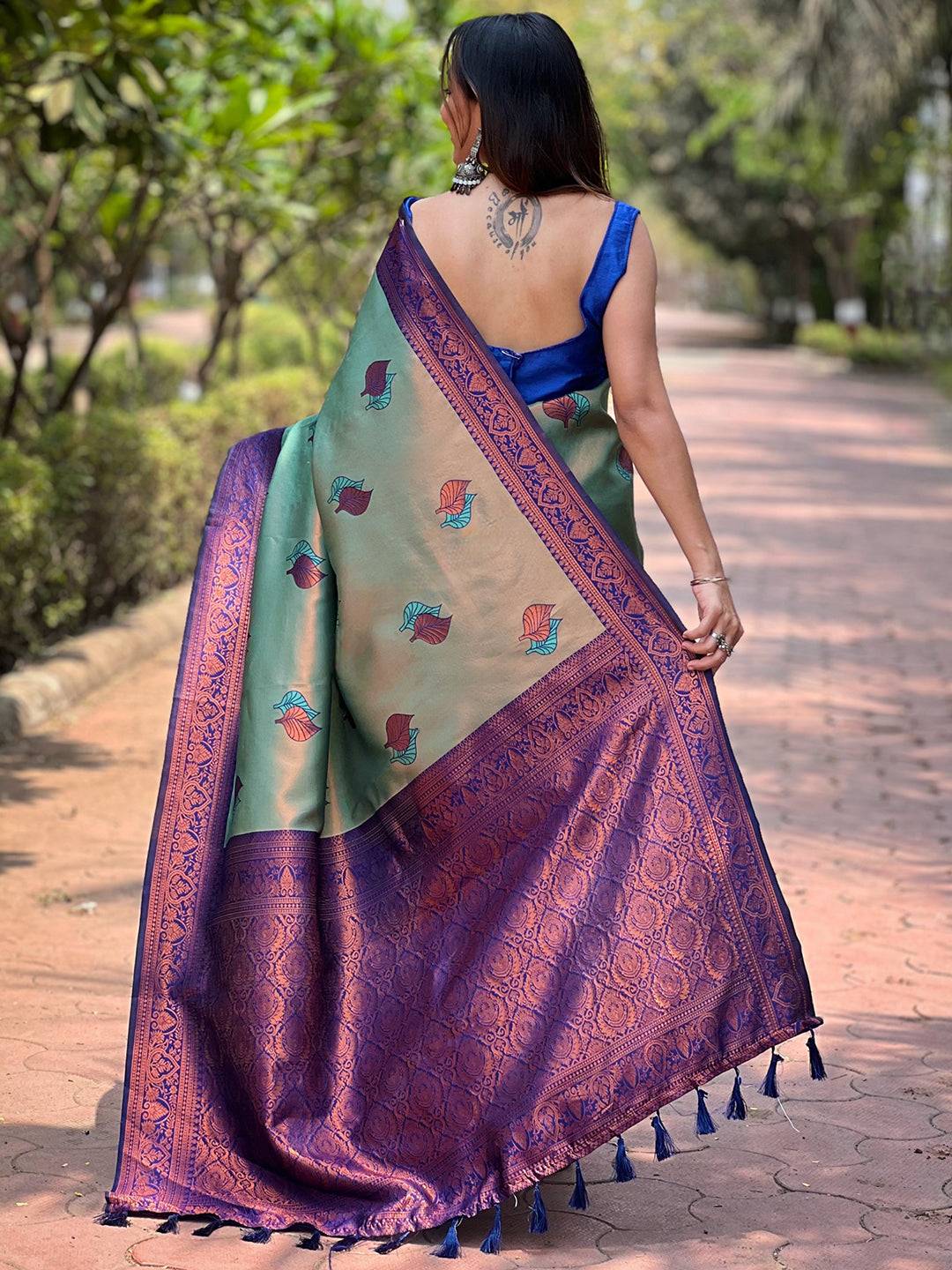 Pista Kanjivaram Tissue Saree With Gold Zari Weaving