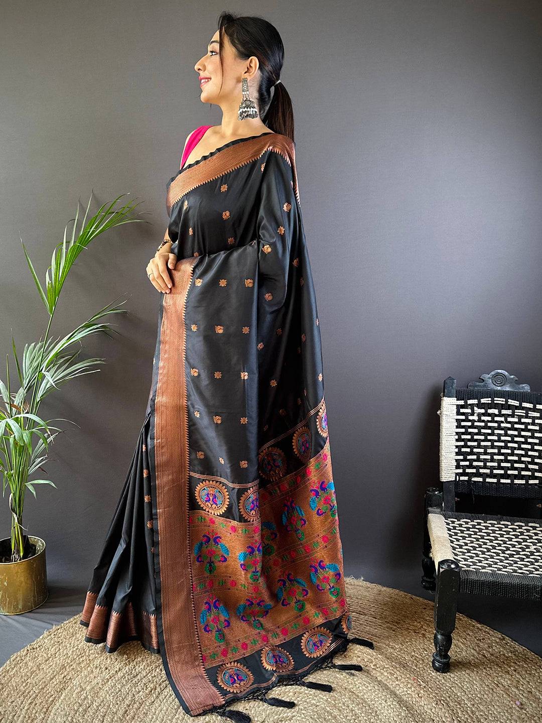 Raven Black Copper Elegance Soft Silk Saree