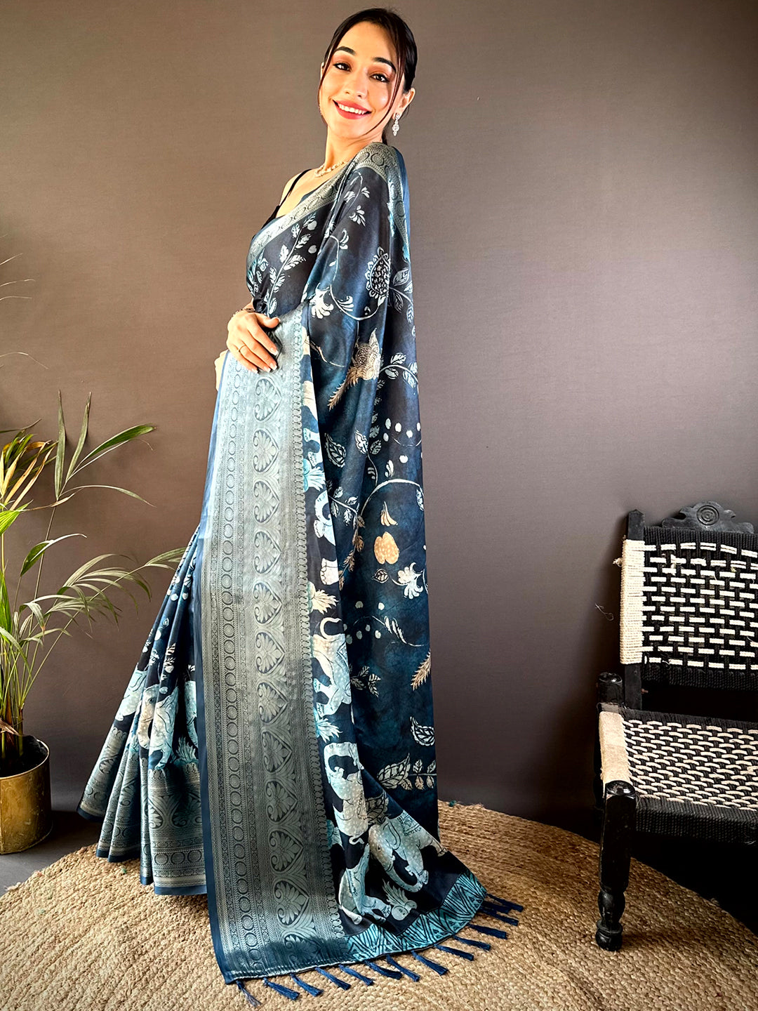 Blue Soft Silk Animal Bandhej Saree