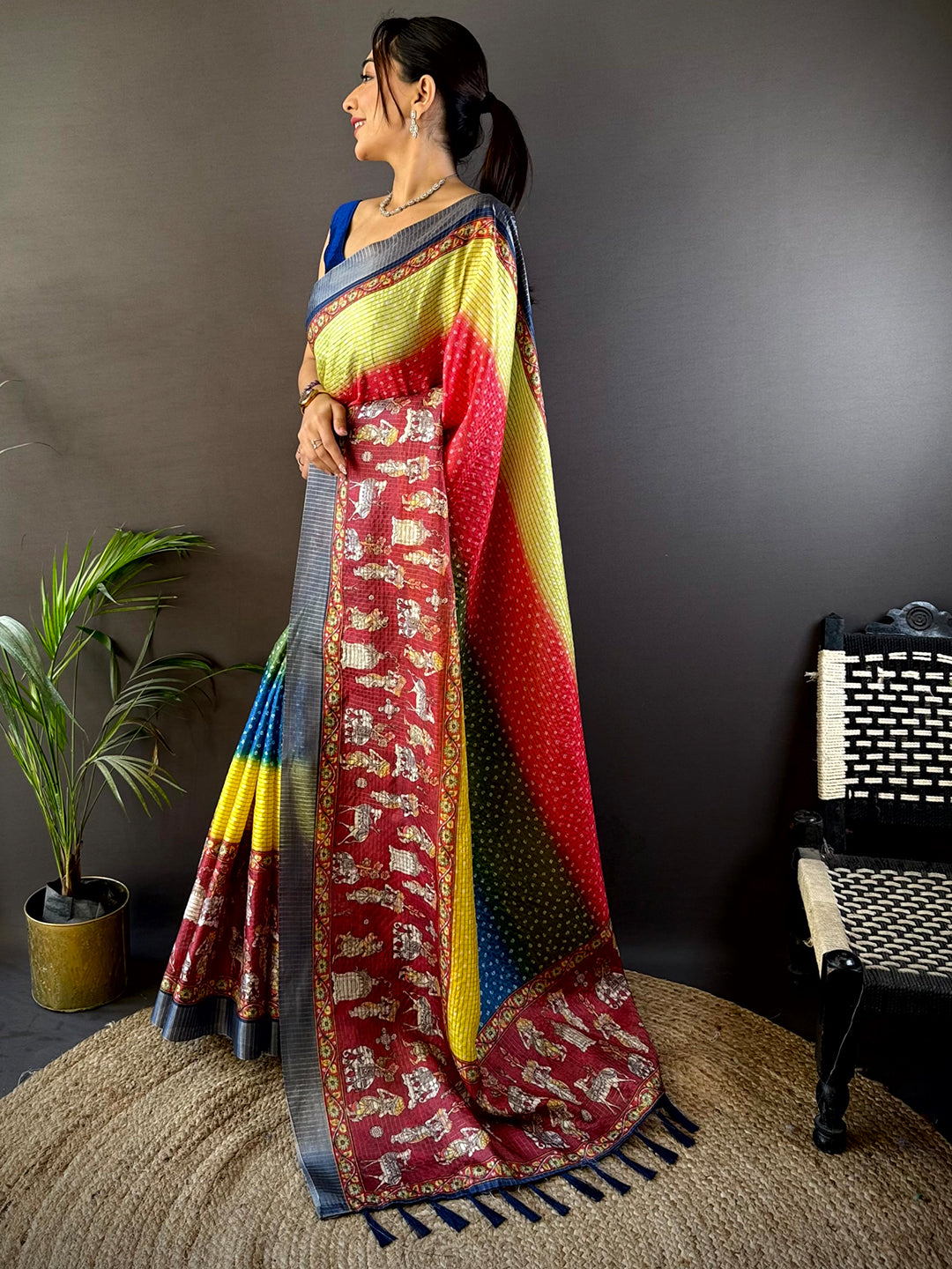 Elegant Silk Blend Bandhani Print Saree with intricate designs and vibrant shades, ideal for traditional and ceremonial occasions.