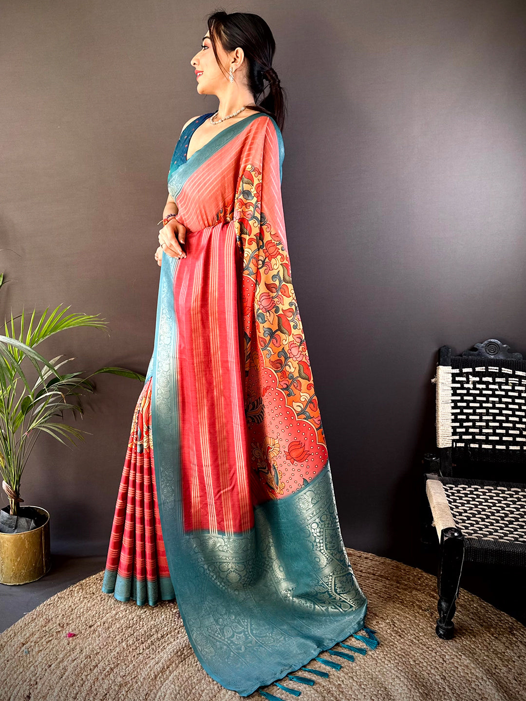 Coral Soft Crep Silk Ombre Print Saree