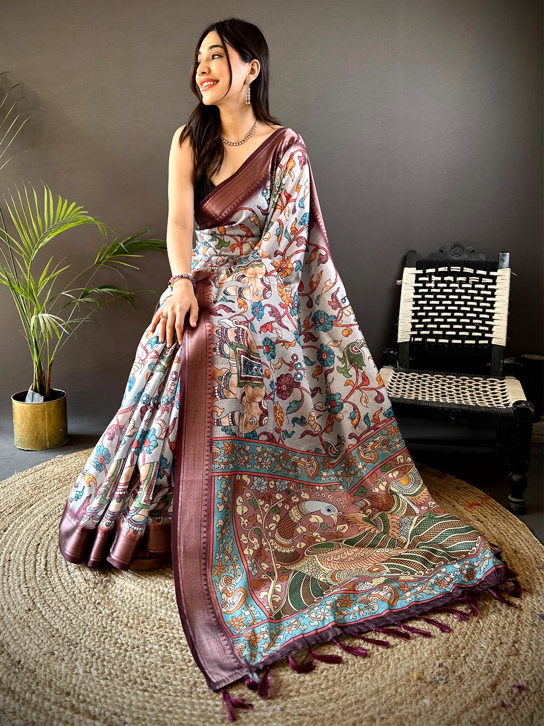 Grey Kota Doriya Floral Kalamkari Print Saree