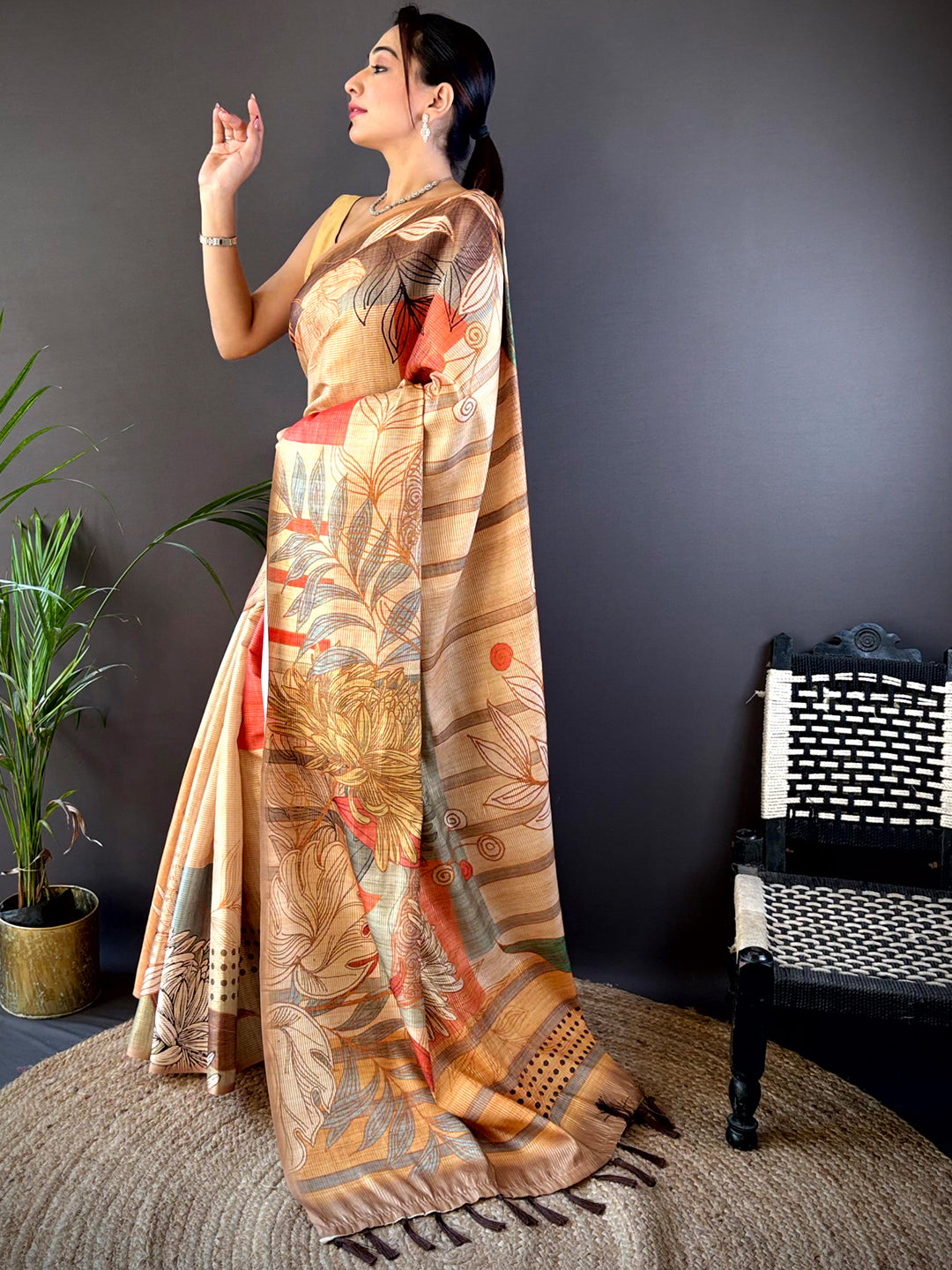 Beige Tussar Silk Floral Prints Saree