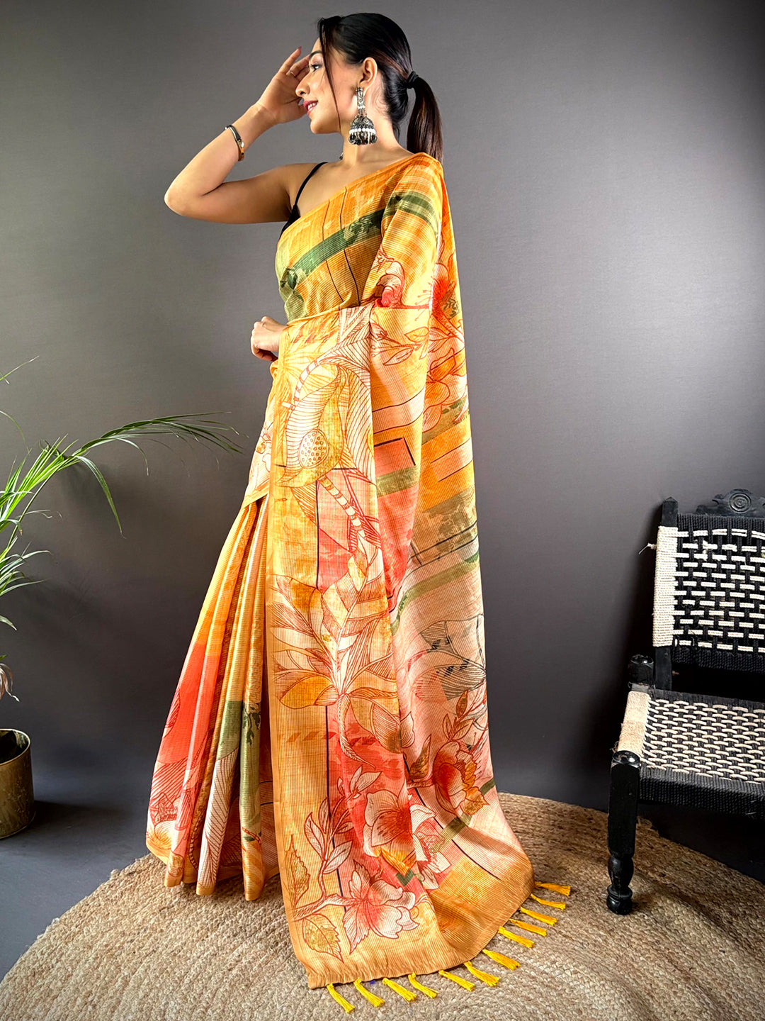 Yellow Tussar Silk Lush Botanical Prints Saree