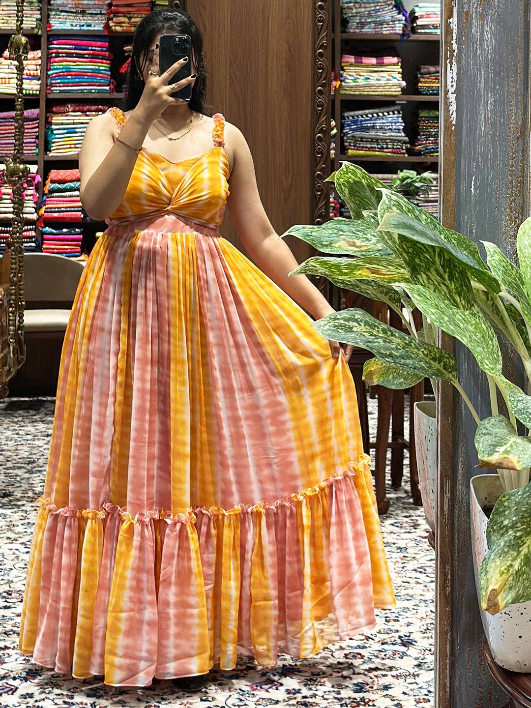 Daisy Yellow Batik Print Dress in store display